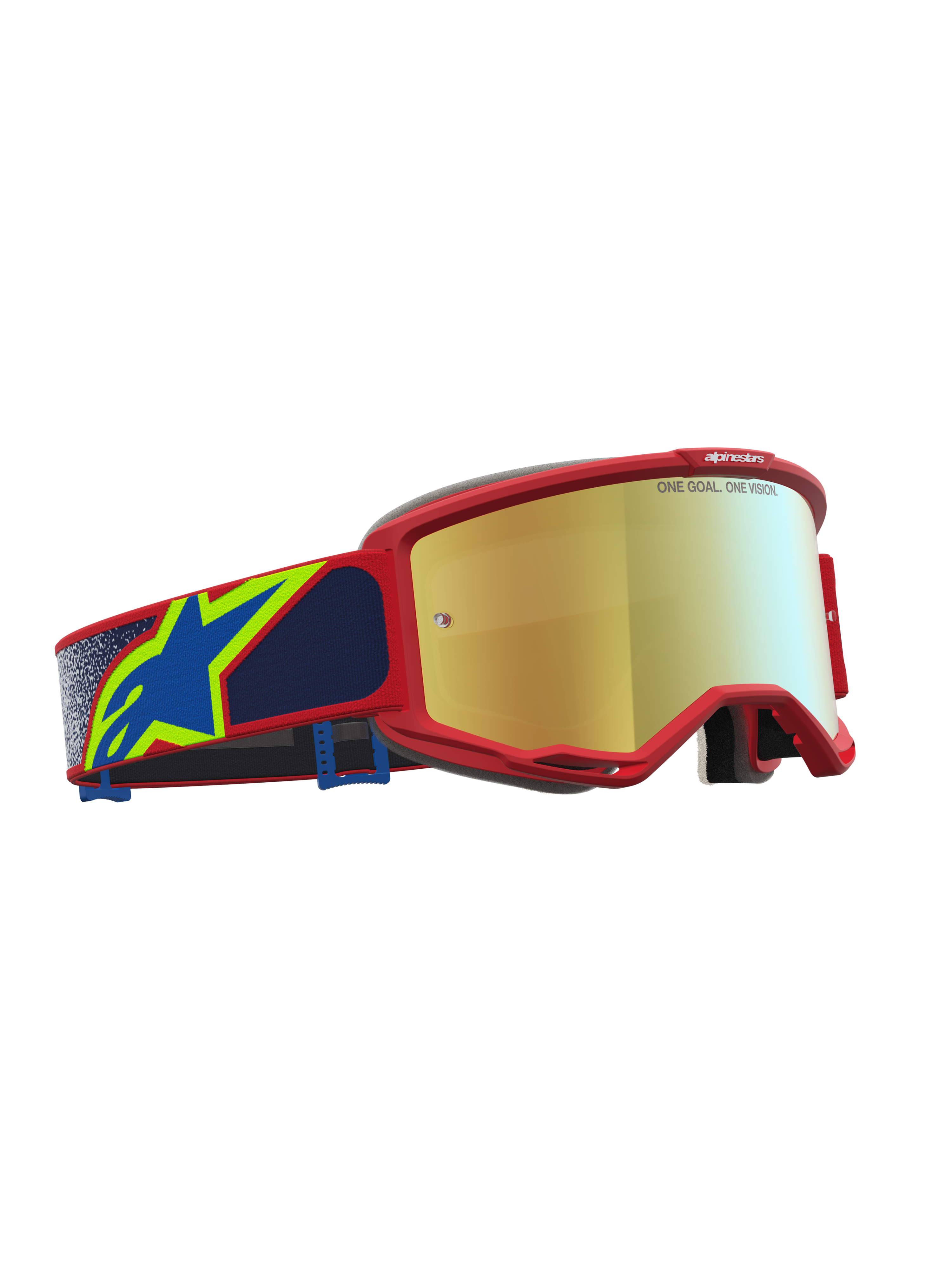 Alpinestars Masque Vision 5 Drag, masque de motocross rouge et bleu avec lentille dorée miroir et cadre en uréthane A-FLEX.