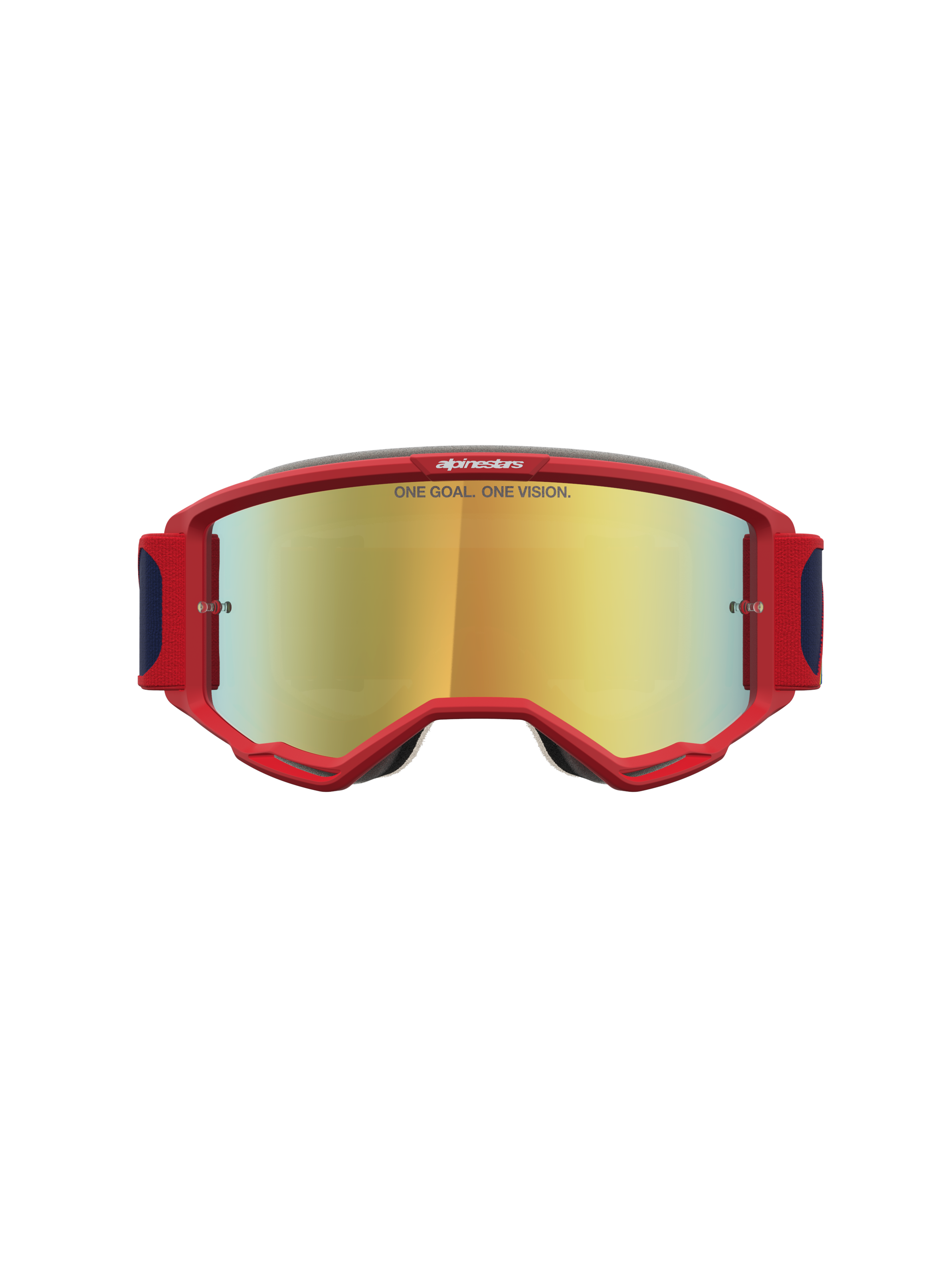 Masque Alpinestars Vision 5 Drag, rouge et doré, cadre A-FLEX avec ventilation RAM-AIR et lentille miroir dorée.