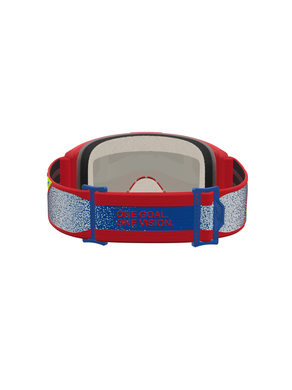 Alpinestars masque Vision 5 Drag rouge et bleu, sangle de motocross avec manifeste One Goal. One Vision. et mousse faciale.