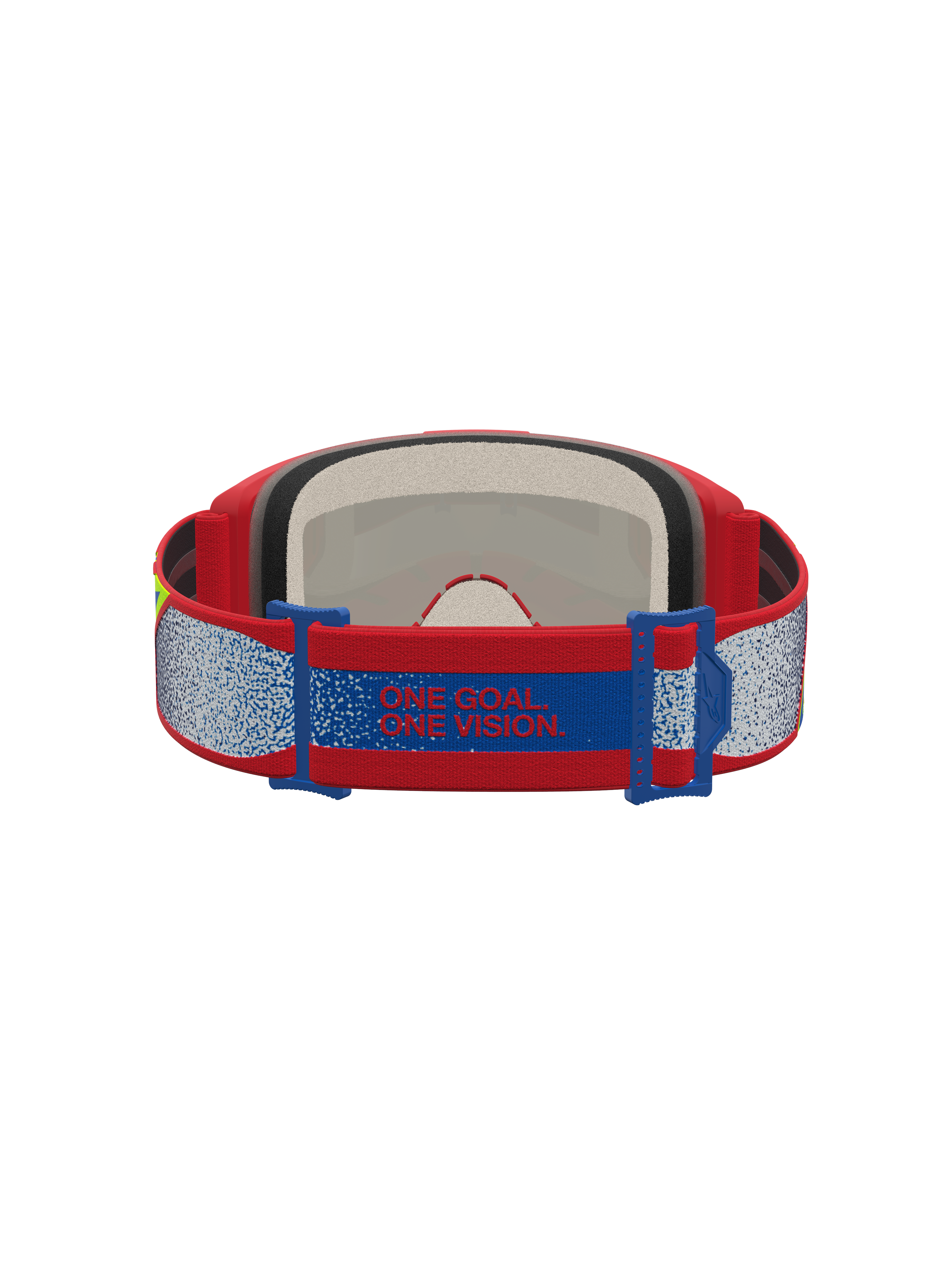 Alpinestars masque Vision 5 Drag rouge et bleu, sangle de motocross avec manifeste One Goal. One Vision. et mousse faciale.