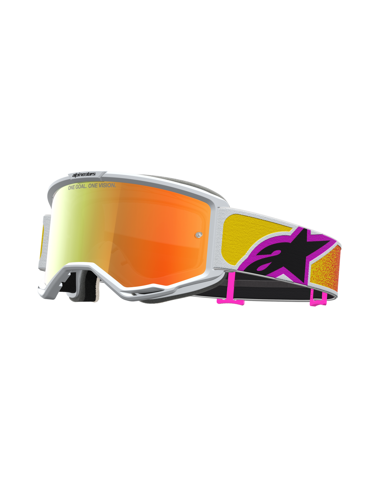 Alpinestars Vision 5 Drag Motocross Goggles, Orange Red Mirror Lens with White A-FLEX Frame and RAM-AIR Ventilation.