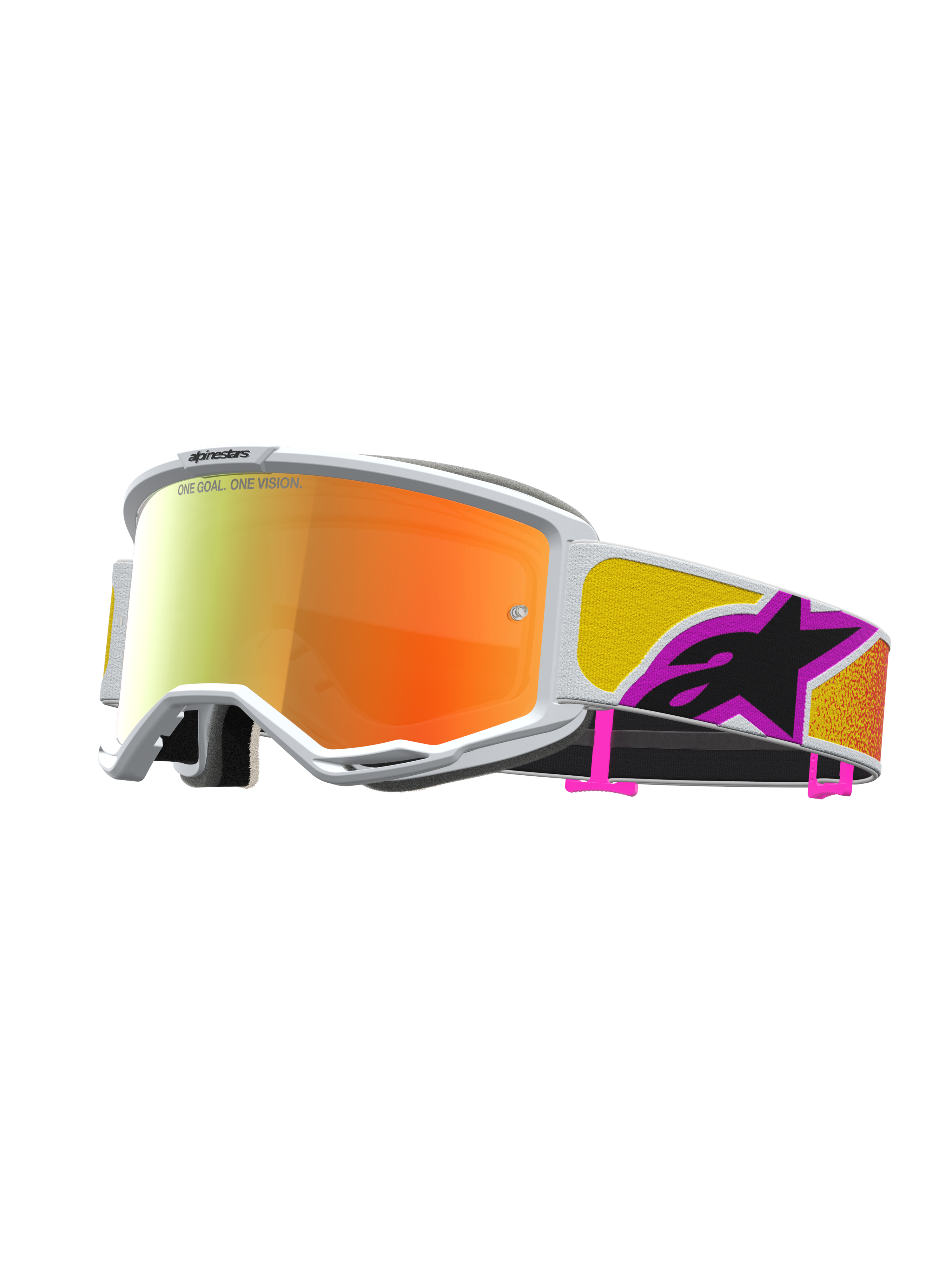 Alpinestars Vision 5 Drag, masque de motocross avec lentille miroir orange et cadre blanc, ventilation RAM-AIR intégrée.