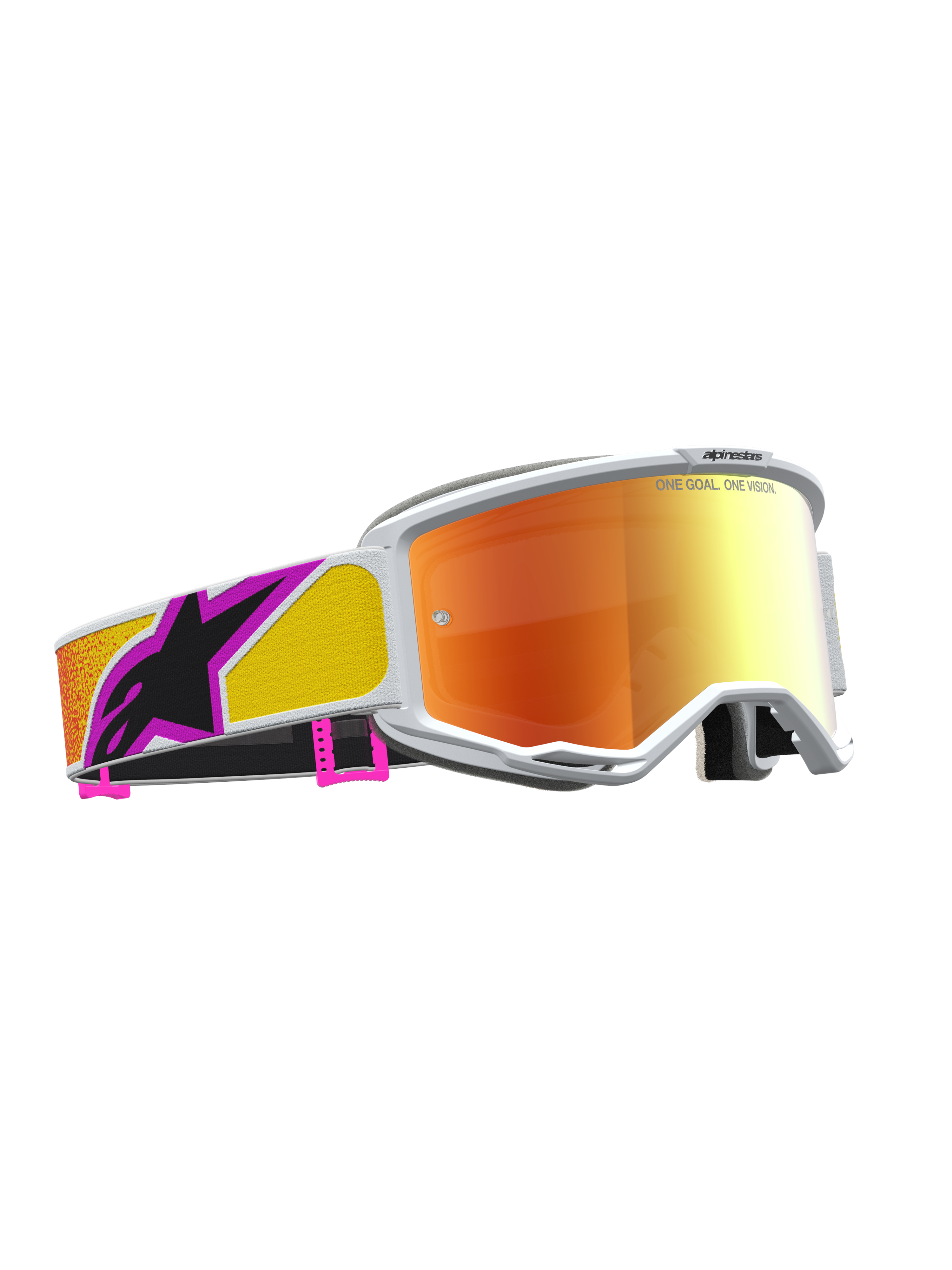 Masque Vision 5 Drag Alpinestars, masque de motocross à lentille miroir orange et rouge, cadre blanc flexible A-FLEX.