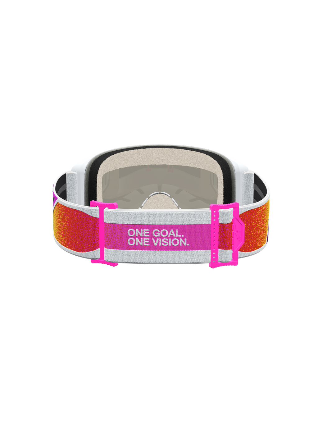 Masque Alpinestars Vision 5 Drag, motocross, sangle ajustable orange et rose, slogan ONE GOAL. ONE VISION., vue arrière
