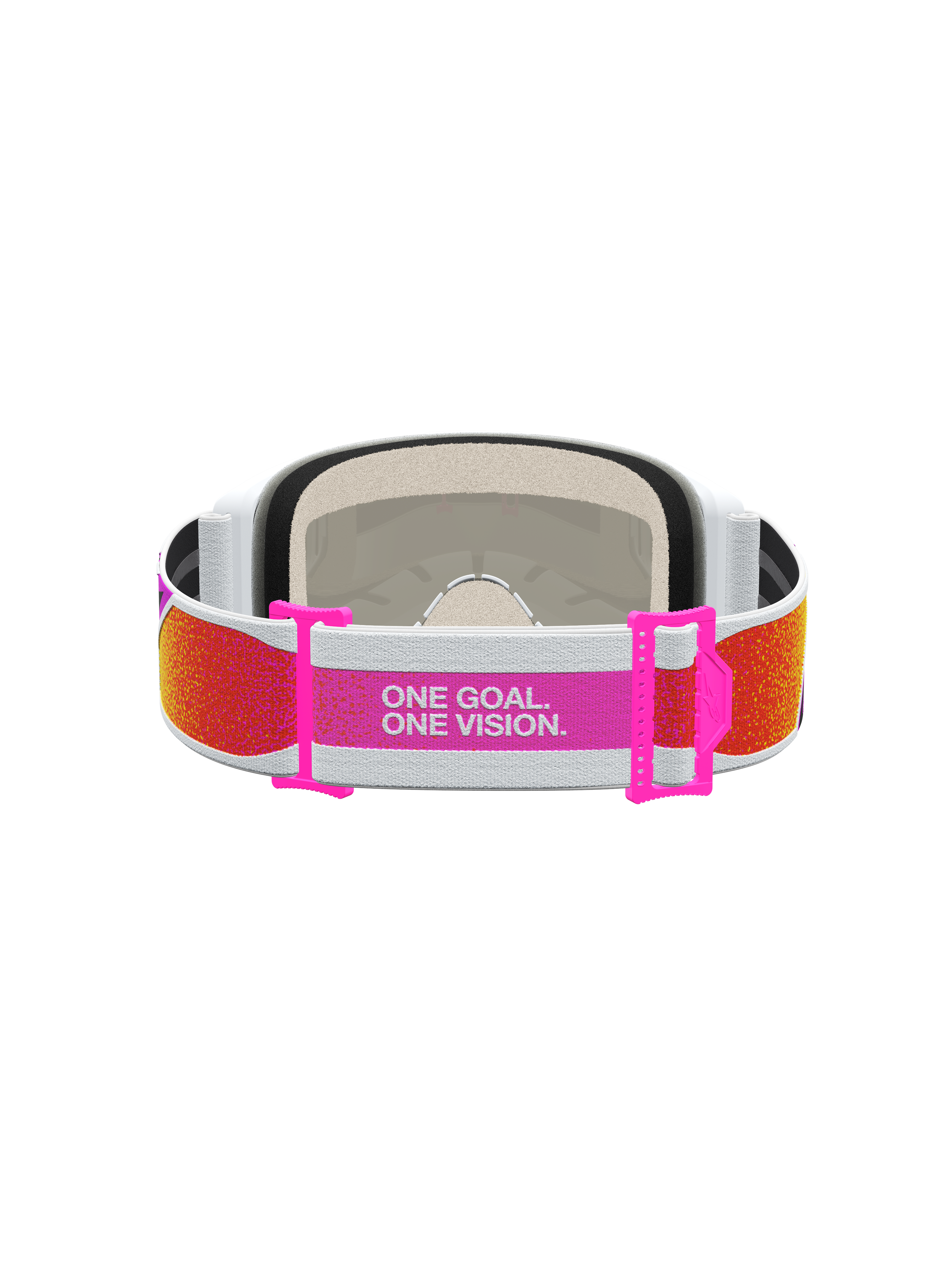 Masque Alpinestars Vision 5 Drag, motocross, sangle ajustable orange et rose, slogan ONE GOAL. ONE VISION., vue arrière