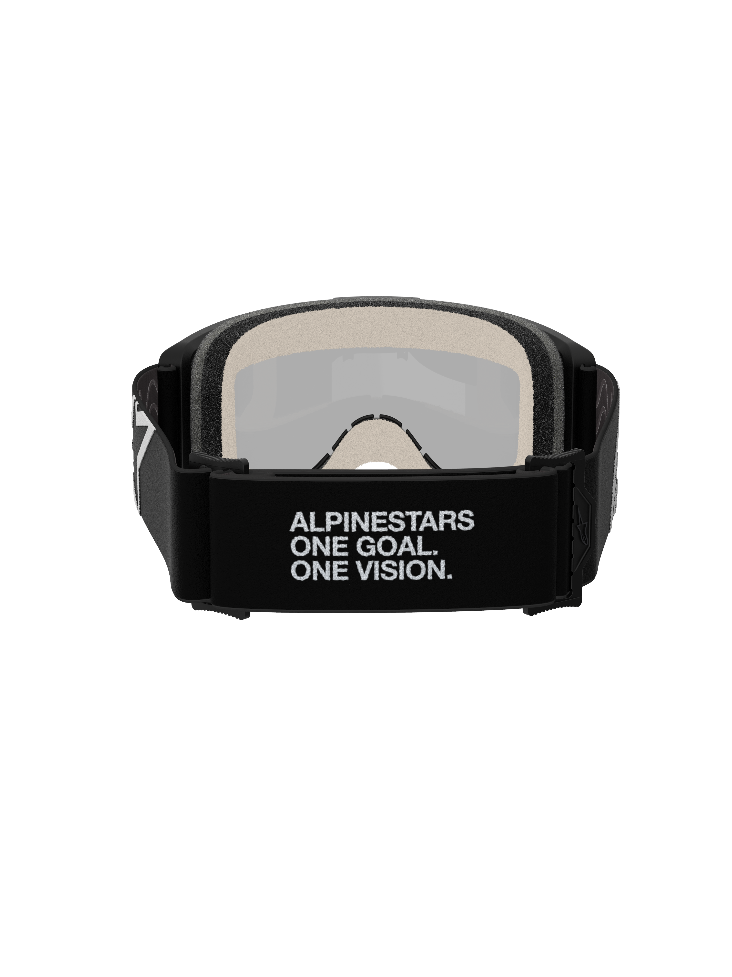 Masque Alpinestars Vision 5 Corp, masque de motocross, vue arrière, doté d'une sangle tissée noire avec le slogan blanc « ALPINESTARS ONE GOAL. ONE VISION. », mousse faciale multicouche de 17 mm, écran miroir argenté visible de l'intérieur, conçu pour un ajustement sûr et des performances tout-terrain
