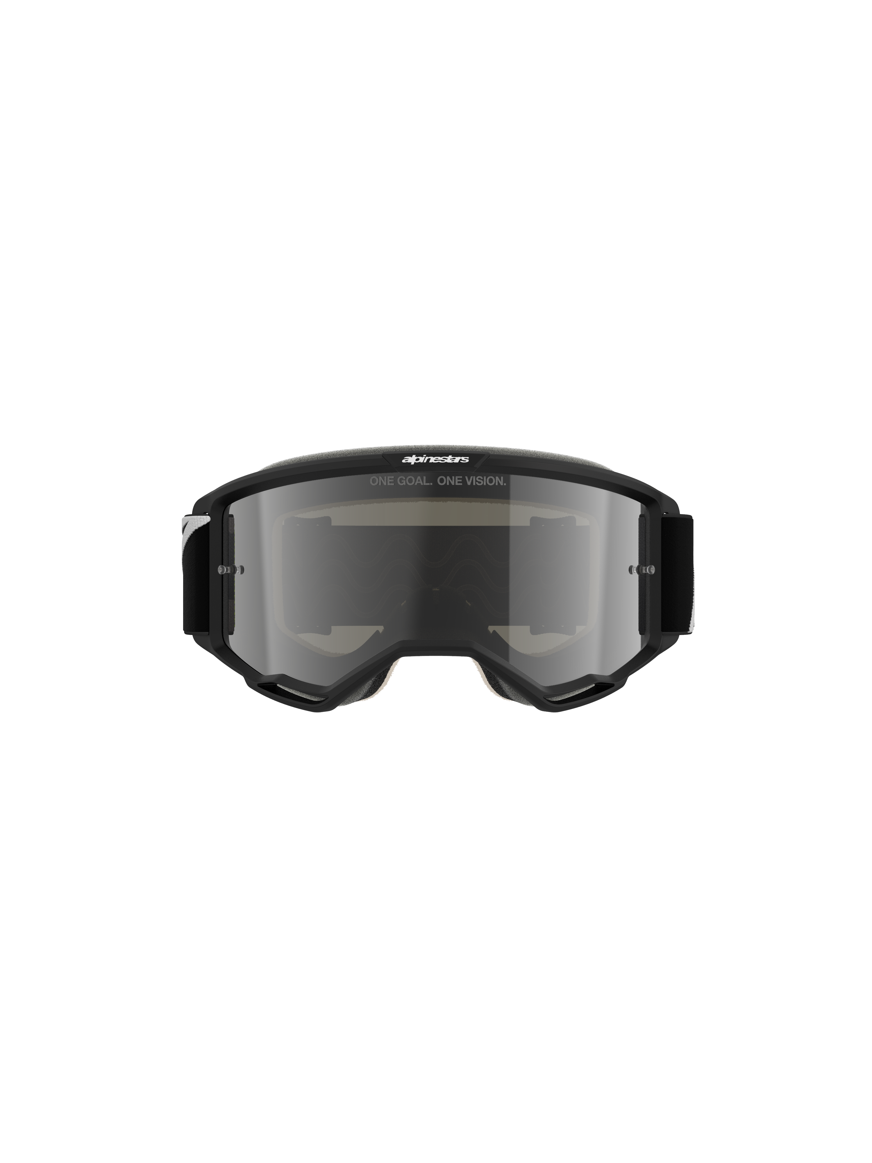 Masque Alpinestars Vision 5 Corp, masque de motocross, noir avec écran argenté miroité, vue frontale montrant le texte « ONE GOAL. ONE VISION. » et le logo Alpinestars, design épuré pour le tout-terrain et le motocross