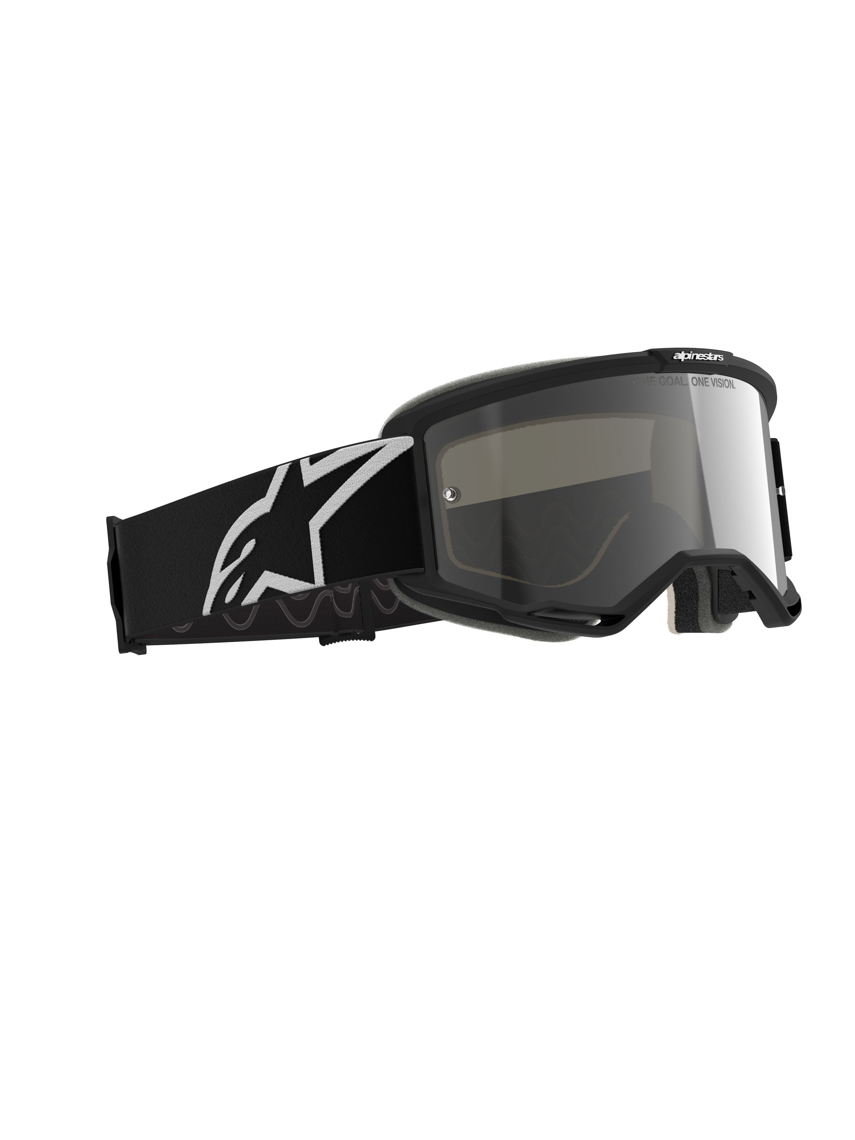 Masque Alpinestars Vision 5 Corp, masque de motocross, Noir Miroir Argent, monture noire avec un écran miroir argenté, large bandeau noir affichant un grand logo Alpinestars blanc, conçu pour la performance tout-terrain