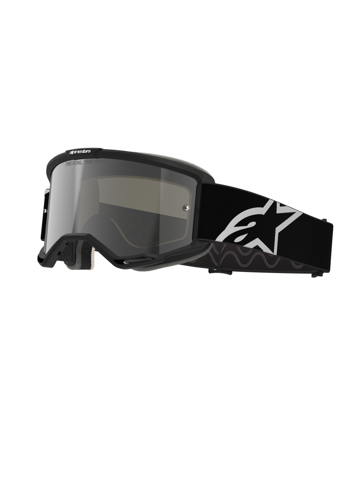 Masque Alpinestars Vision 5 Corp, masque de motocross, monture noire avec écran miroir argenté, large sangle réglable noire avec grand logo étoile Alpinestars blanc, mousse faciale rembourrée, marquage One Goal One Vision