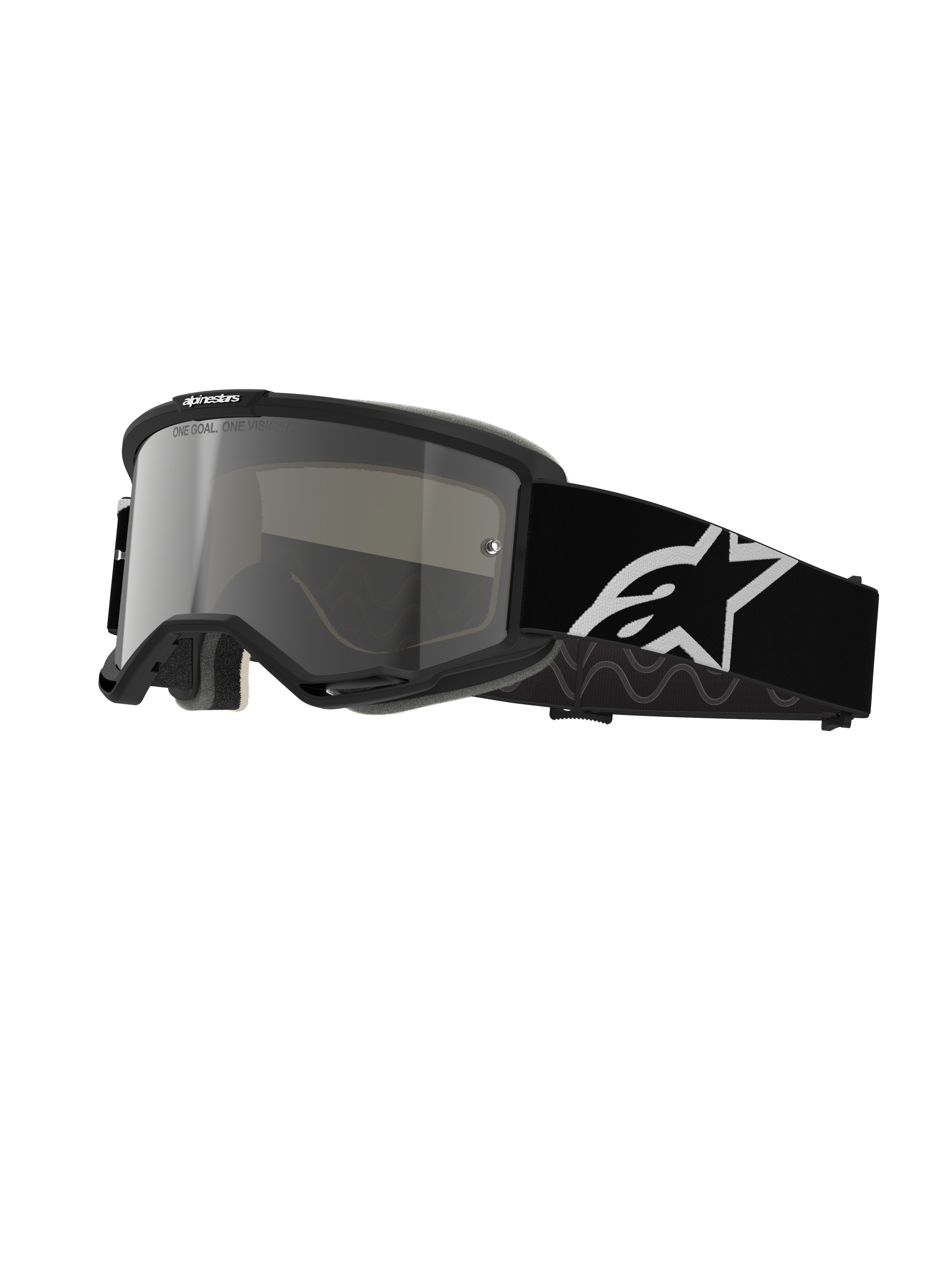 Masque Alpinestars Vision 5 Corp, masque de motocross, monture noire avec écran miroir argenté, large sangle réglable noire avec grand logo étoile Alpinestars blanc, mousse faciale rembourrée, marquage One Goal One Vision