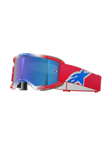 Alpinestars Vision 5 Corp Goggles, masque de motocross, rouge, blanc et bleu, écran miroir bleu, sangle rouge avec logo Alpinestars bleu, monture rouge flexible avec accents blancs, lunettes de protection pour le tout-terrain