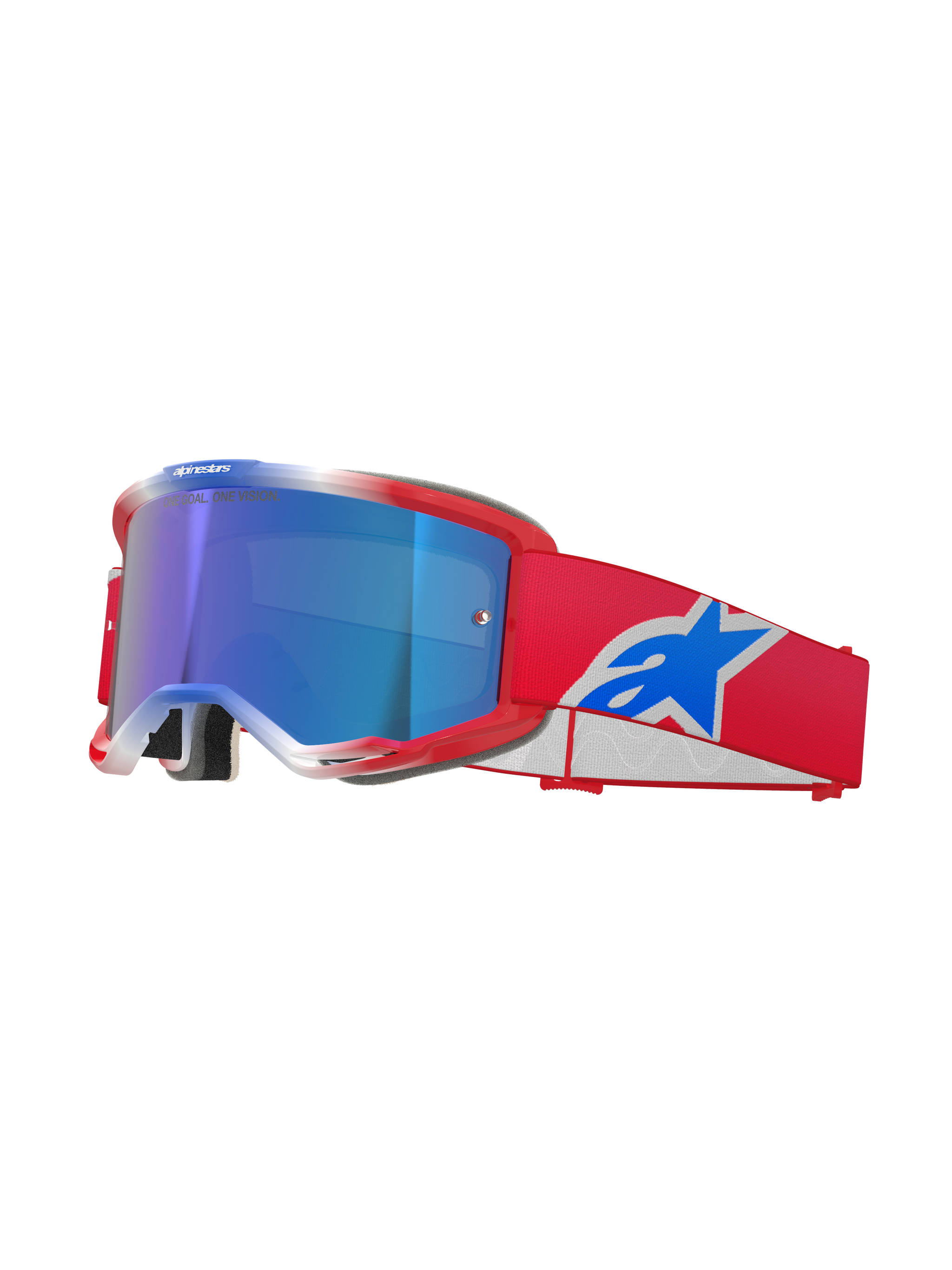 Alpinestars Vision 5 Corp Goggles, masque de motocross, rouge, blanc et bleu, écran miroir bleu, sangle rouge avec logo Alpinestars bleu, monture rouge flexible avec accents blancs, lunettes de protection pour le tout-terrain