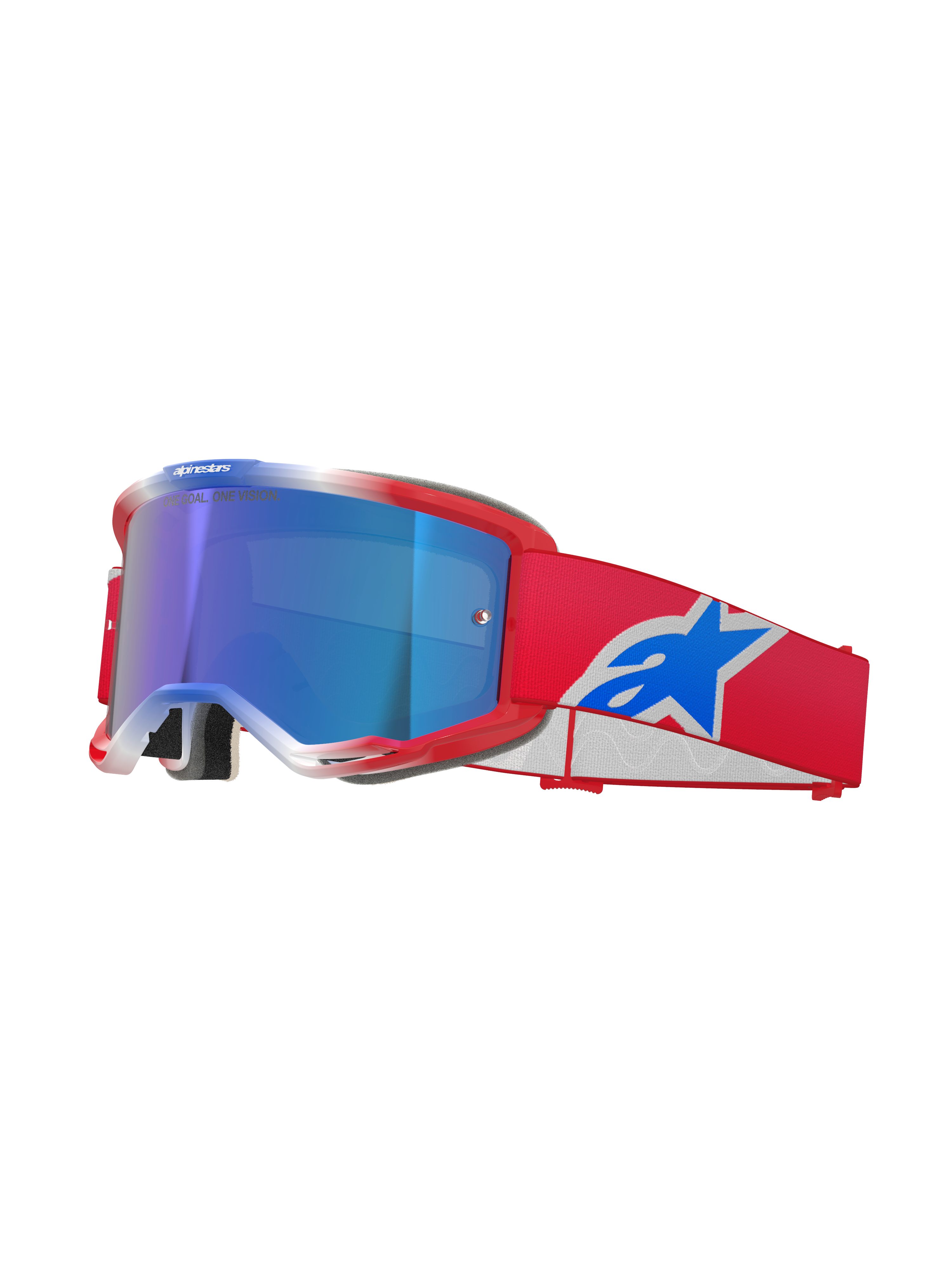 Alpinestars Vision 5 Corp Goggles, masque de motocross, rouge, blanc et bleu, écran miroir bleu, sangle rouge avec logo Alpinestars bleu, monture rouge flexible avec accents blancs, lunettes de protection pour le tout-terrain