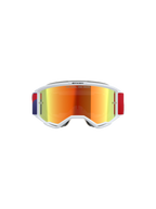 Alpinestars Vision 5 Corp Goggles, Motocross Goggles, White frame with Purple Mirror Red tinted lens, adjustable Red and Purple strap, featuring 'ONE GOAL. ONE VISION.' text on the lens, high-performance protective eyewear for off-road racing.