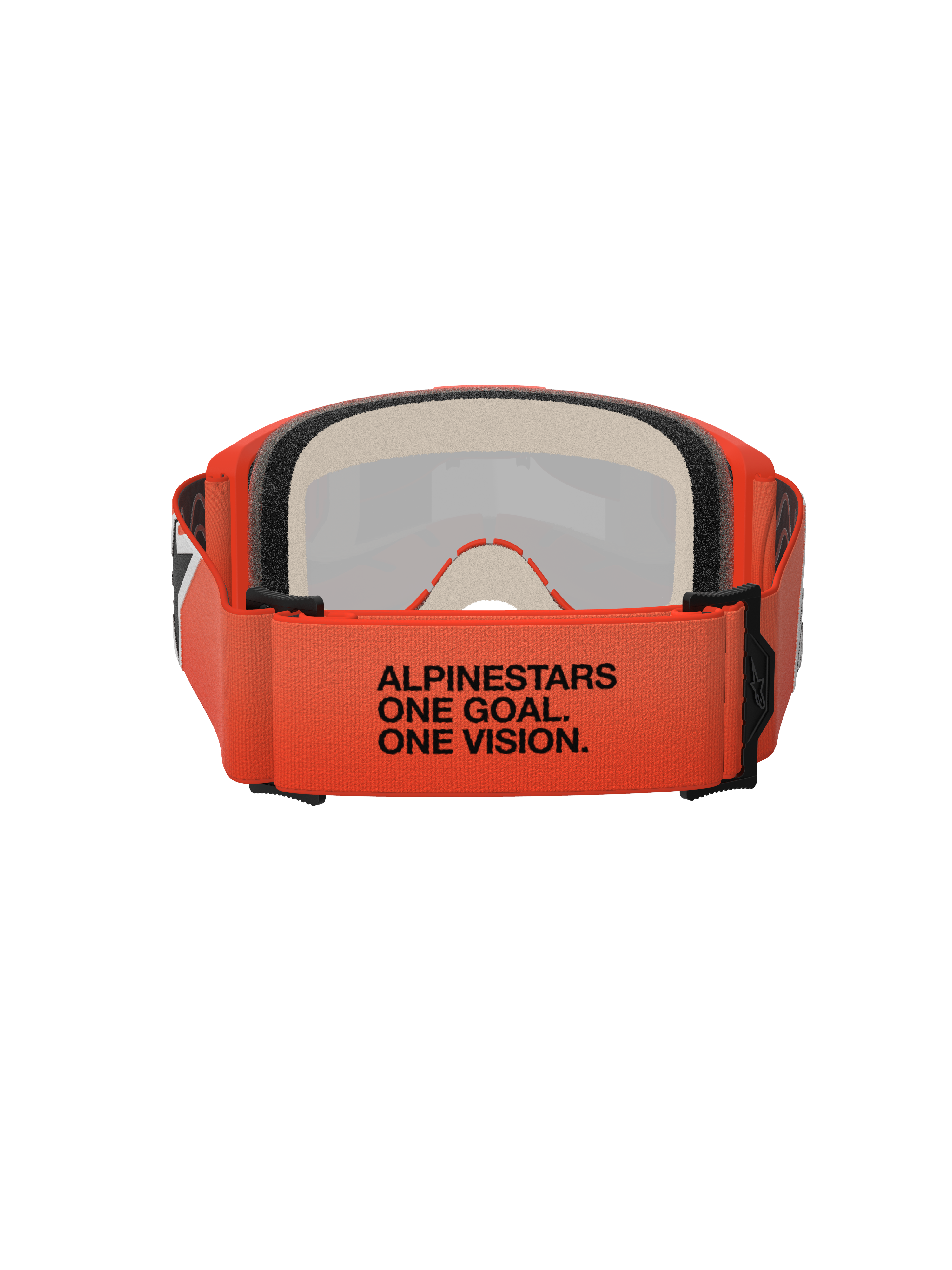 Masque Alpinestars Vision 5 Corp, vue arrière montrant la sangle tissée orange avec le texte noir « ALPINESTARS ONE GOAL. ONE VISION. », mousse faciale multicouche, monture orange, lunettes de motocross professionnelles