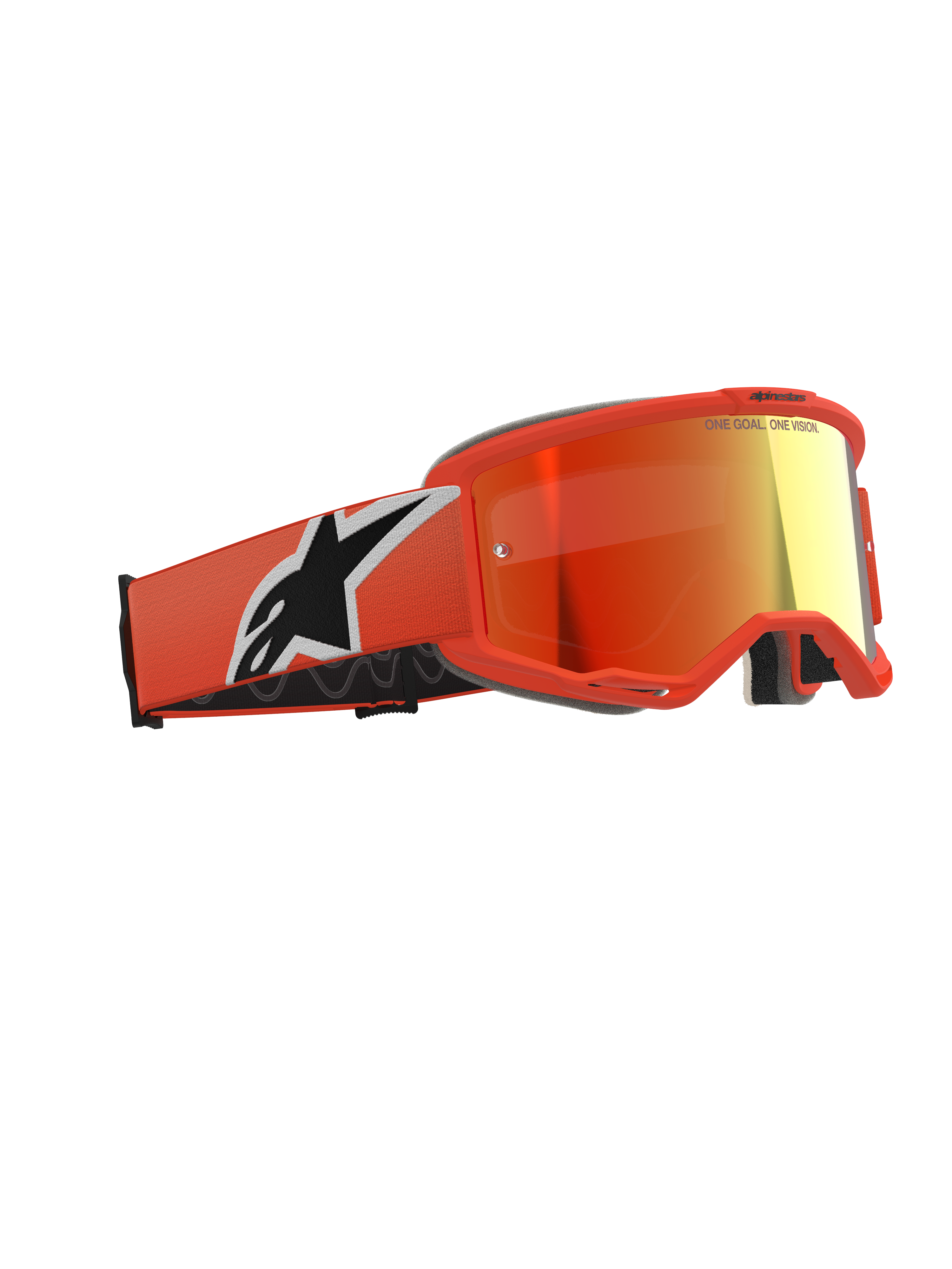 Masque Alpinestars Vision 5 Corp, masque de motocross, orange avec écran miroir rouge, monture et bandeau orange vif arborant un large logo Astars blanc et noir, écran miroir rouge orangé avec marquage sur le dessus, protection oculaire professionnelle pour le tout-terrain