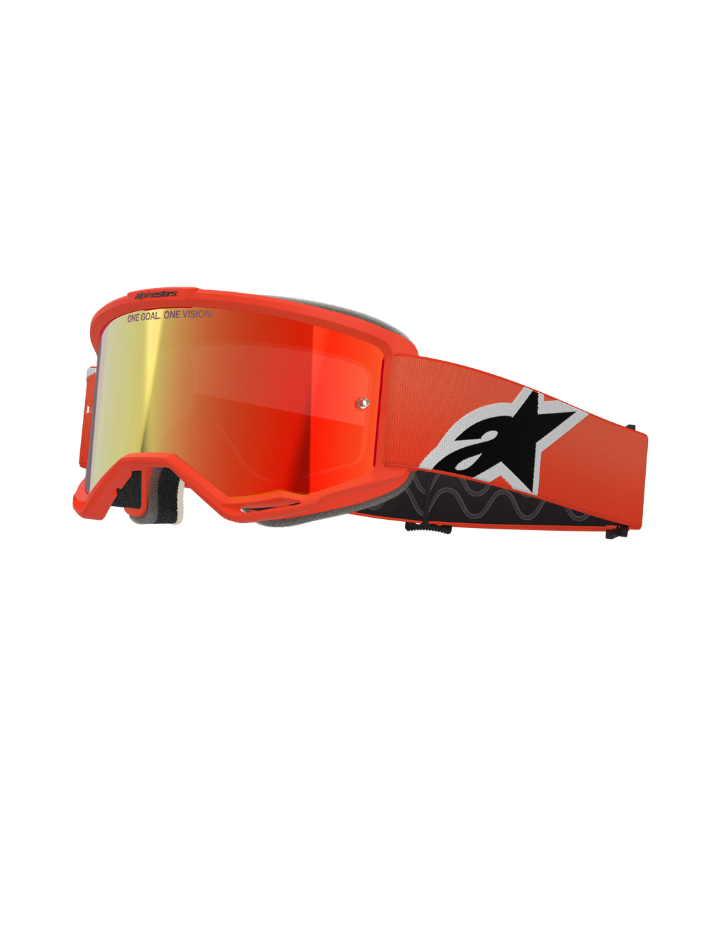 Masque Alpinestars Vision 5 Corp, lunettes de motocross MX, monture orange avec écran miroir rouge, large sangle orange avec logo Astar noir et blanc, inscription 'ONE GOAL. ONE VISION.' sur l'écran et mousse de confort noire épaisse.
