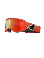 Masque Alpinestars Vision 5 Corp, lunettes de motocross MX, monture orange avec écran miroir rouge, large sangle orange avec logo Astar noir et blanc, inscription 'ONE GOAL. ONE VISION.' sur l'écran et mousse de confort noire épaisse.