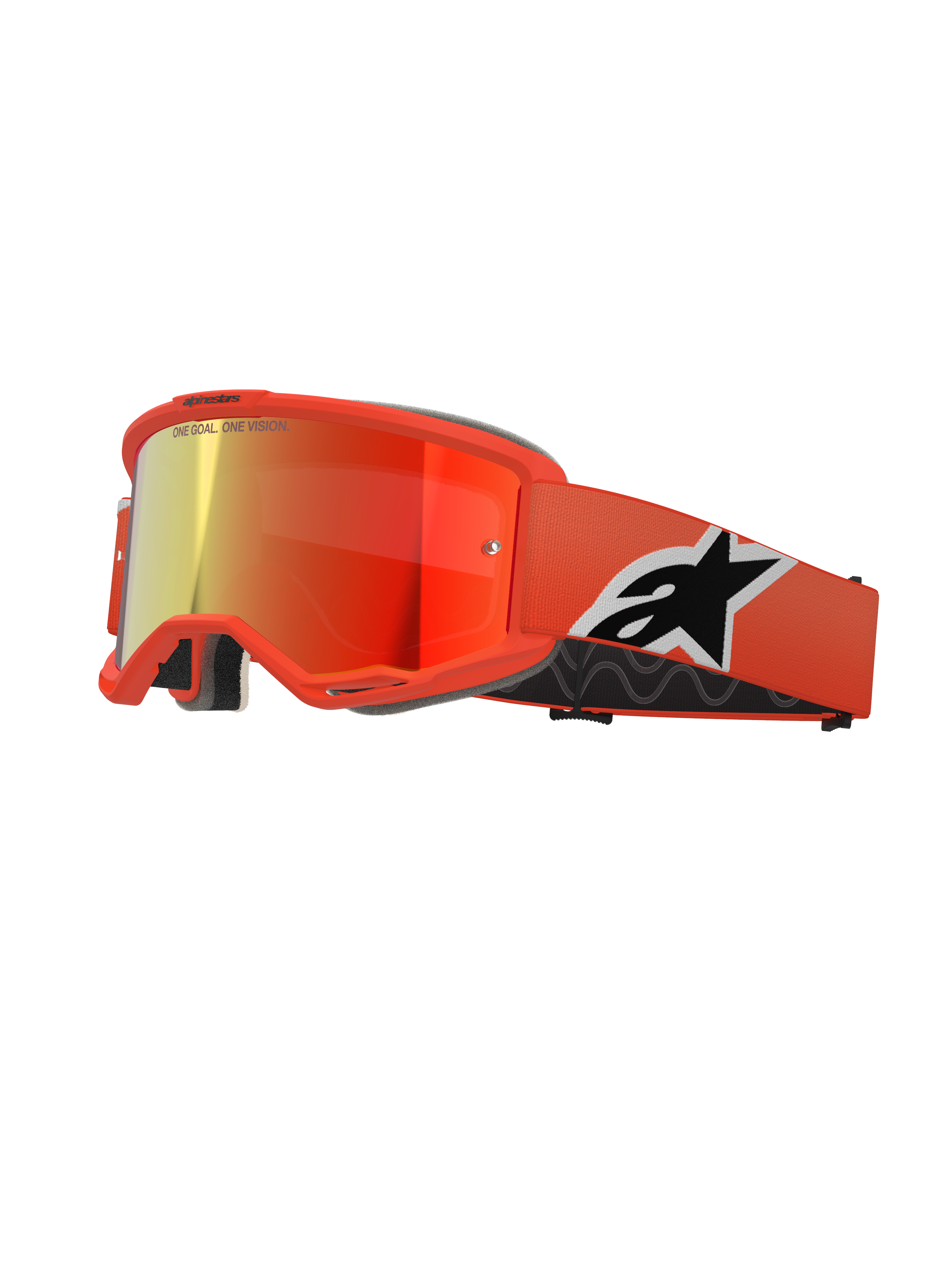Masque Alpinestars Vision 5 Corp, lunettes de motocross MX, monture orange avec écran miroir rouge, large sangle orange avec logo Astar noir et blanc, inscription 'ONE GOAL. ONE VISION.' sur l'écran et mousse de confort noire épaisse.