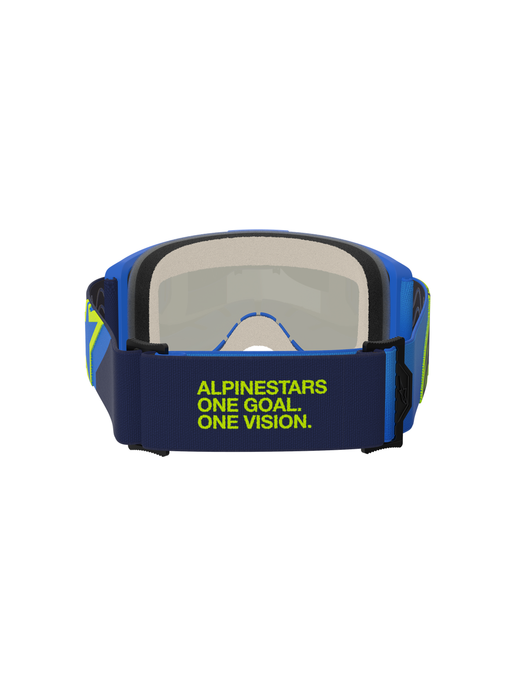 Masque Alpinestars Vision 5 Corp, bleu et jaune fluo, vue arrière montrant le bandeau bleu foncé avec le texte vert citron « Alpinestars One Goal One Vision », monture bleue et mousse faciale multi-étages, protection oculaire de motocross