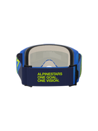 Masque Alpinestars Vision 5 Corp, bleu et jaune fluo, vue arrière montrant le bandeau bleu foncé avec le texte vert citron « Alpinestars One Goal One Vision », monture bleue et mousse faciale multi-étages, protection oculaire de motocross