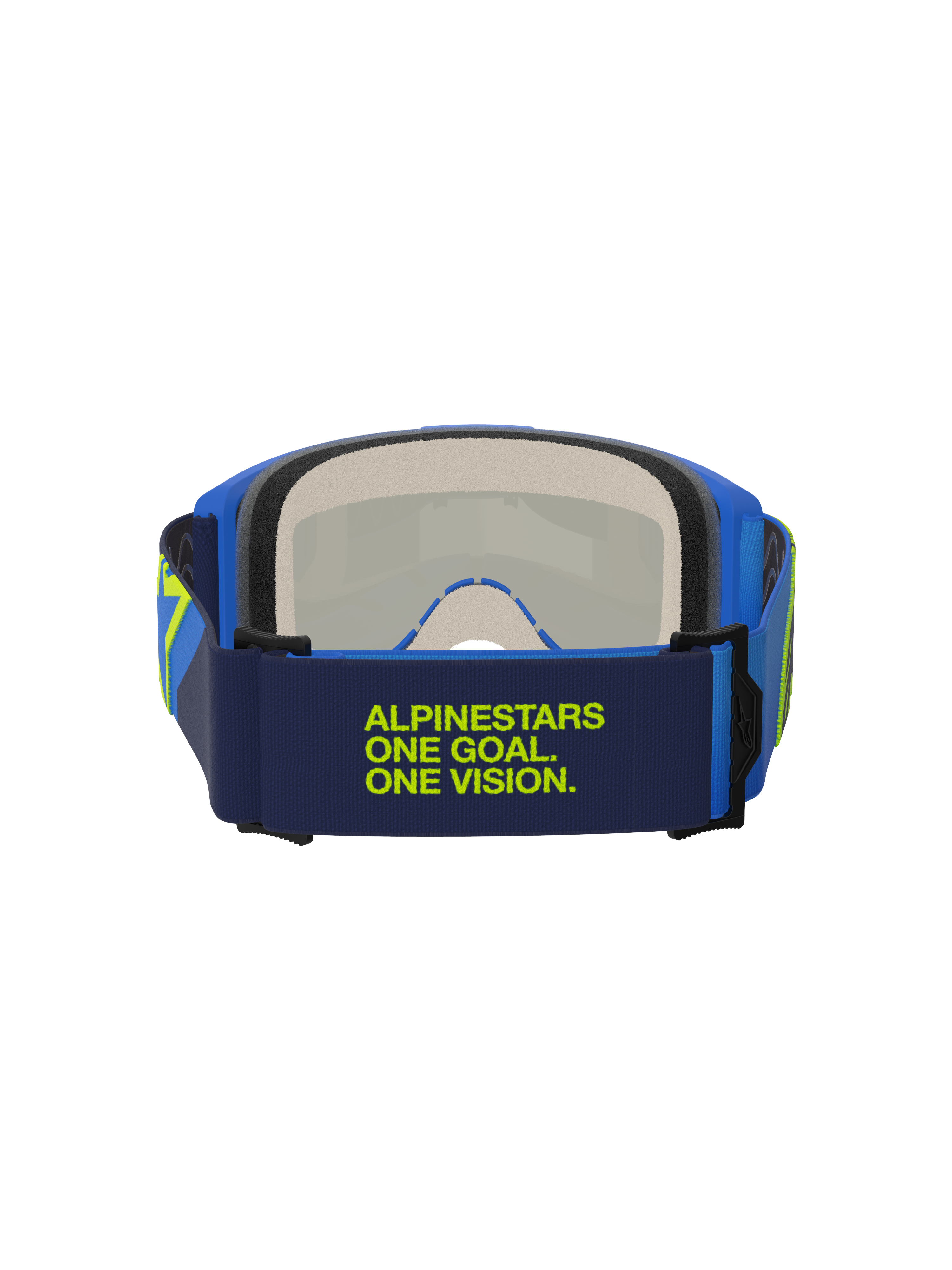 Masque Alpinestars Vision 5 Corp, bleu et jaune fluo, vue arrière montrant le bandeau bleu foncé avec le texte vert citron « Alpinestars One Goal One Vision », monture bleue et mousse faciale multi-étages, protection oculaire de motocross