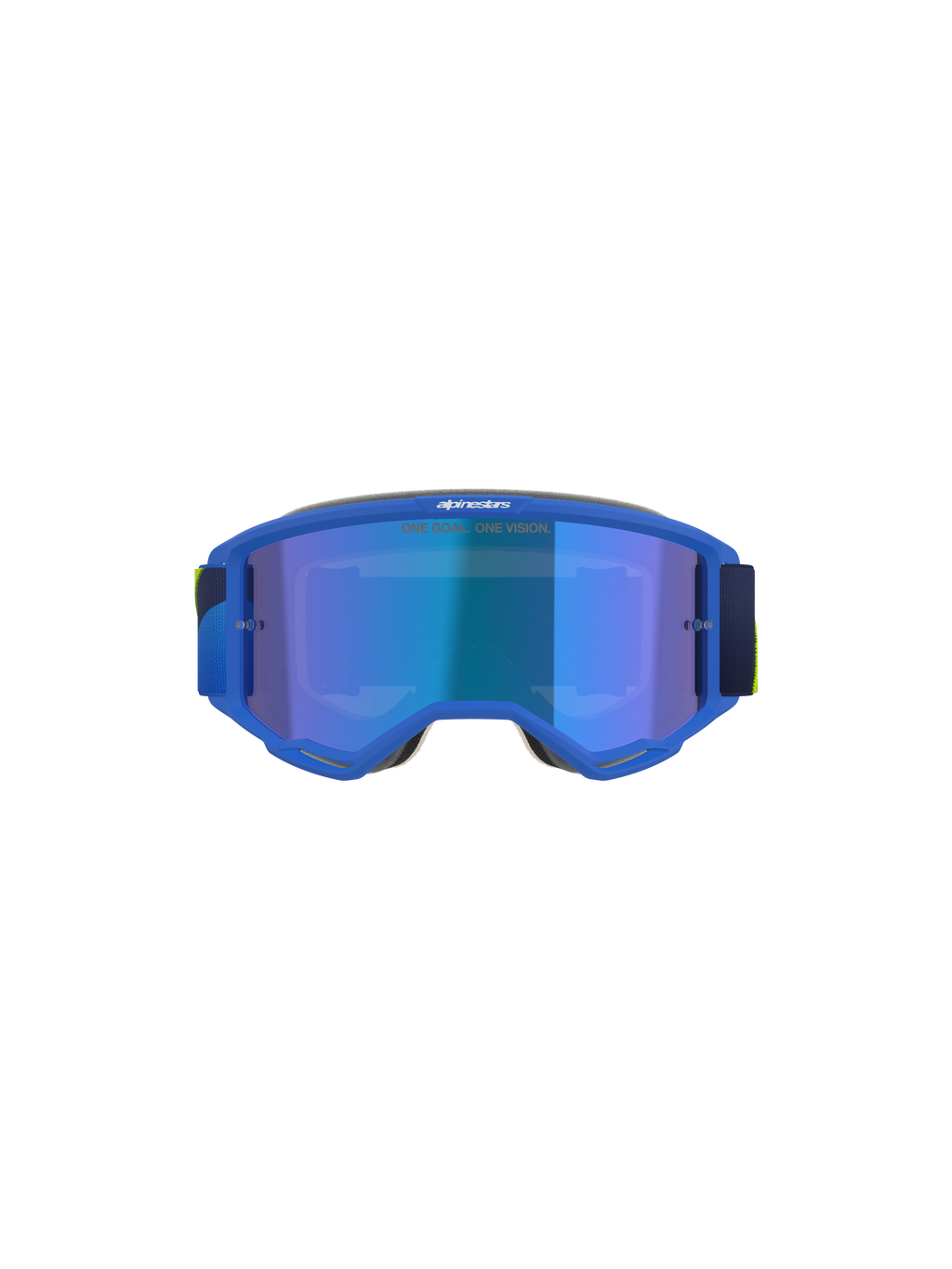 Masque Alpinestars Vision 5 Corp, masque de motocross, bleu et jaune fluo, écran bleu miroir avec texte 'ONE GOAL. ONE VISION.', vue de face, monture en uréthane A-FLEX ultra-souple, protection oculaire pour performance tout-terrain