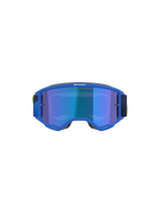 Masque Alpinestars Vision 5 Corp, masque de motocross, bleu et jaune fluo, écran bleu miroir avec texte 'ONE GOAL. ONE VISION.', vue de face, monture en uréthane A-FLEX ultra-souple, protection oculaire pour performance tout-terrain
