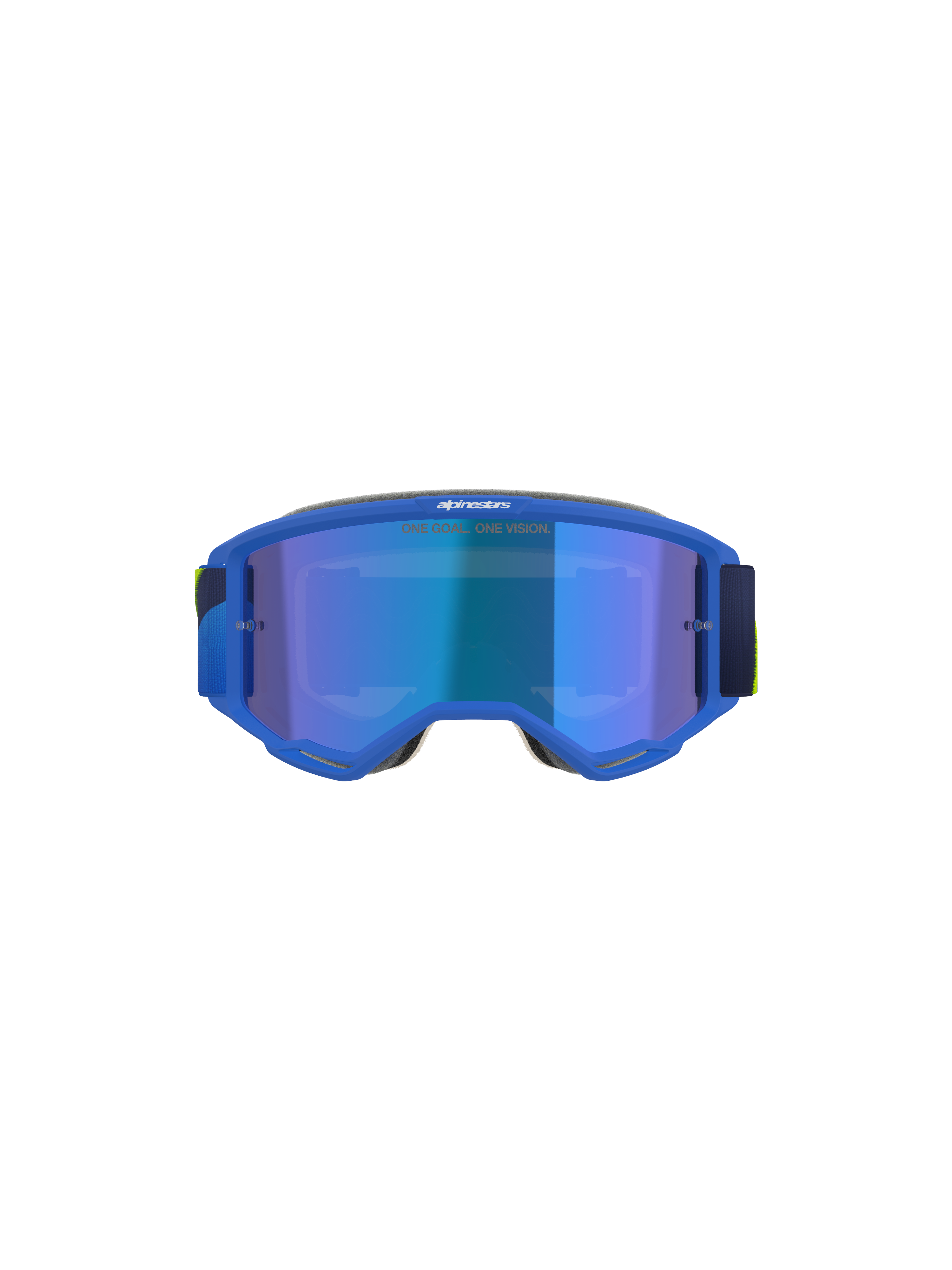 Masque Alpinestars Vision 5 Corp, masque de motocross, bleu et jaune fluo, écran bleu miroir avec texte 'ONE GOAL. ONE VISION.', vue de face, monture en uréthane A-FLEX ultra-souple, protection oculaire pour performance tout-terrain