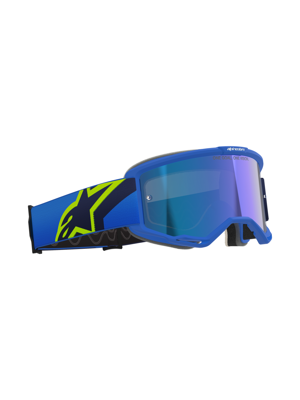 Alpinestars Vision 5 Corp, masque de motocross, bleu et jaune fluo avec écran bleu miroir, bandeau bleu arborant un grand logo étoile jaune fluo, texte 'ONE GOAL. ONE VISION.' sur l'écran, protection oculaire professionnelle tout-terrain