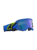 Alpinestars Vision 5 Corp, masque de motocross, bleu et jaune fluo avec écran bleu miroir, bandeau bleu arborant un grand logo étoile jaune fluo, texte 'ONE GOAL. ONE VISION.' sur l'écran, protection oculaire professionnelle tout-terrain
