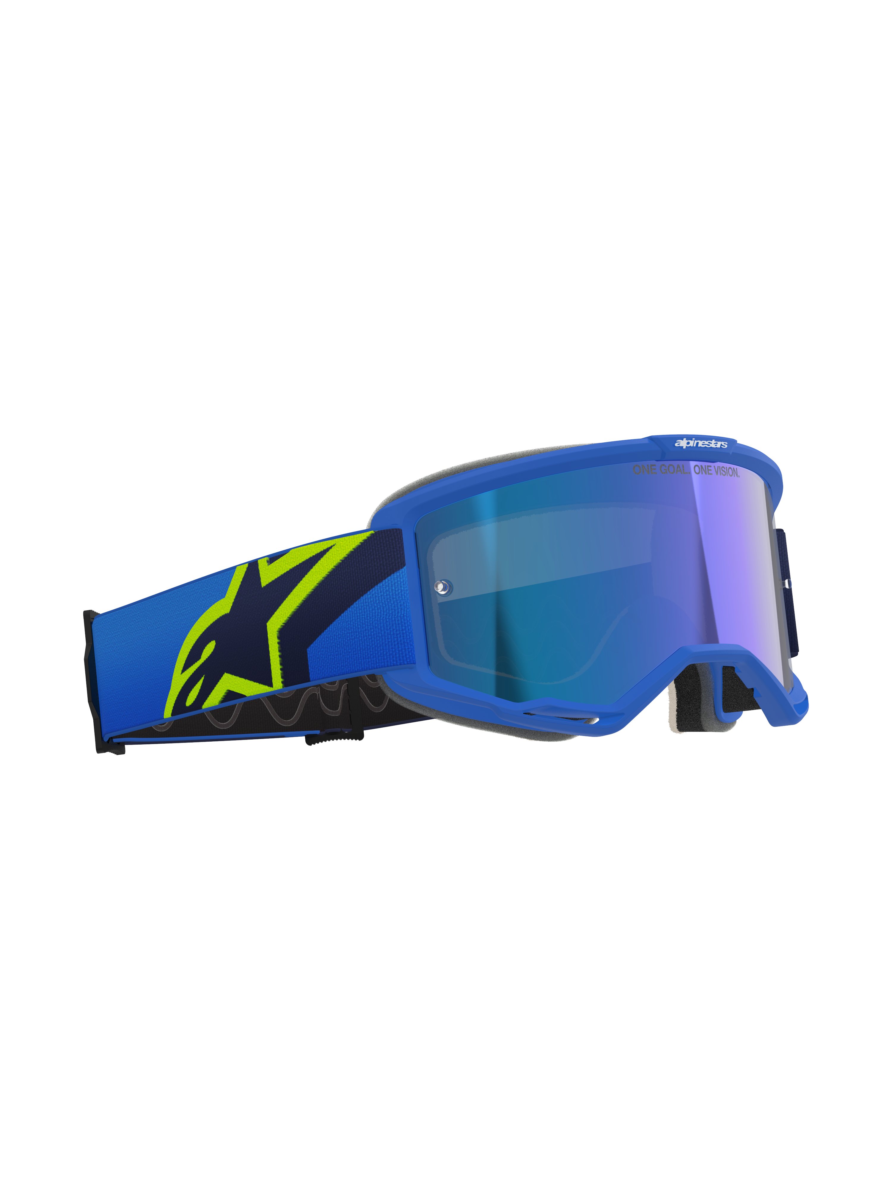 Alpinestars Vision 5 Corp, masque de motocross, bleu et jaune fluo avec écran bleu miroir, bandeau bleu arborant un grand logo étoile jaune fluo, texte 'ONE GOAL. ONE VISION.' sur l'écran, protection oculaire professionnelle tout-terrain