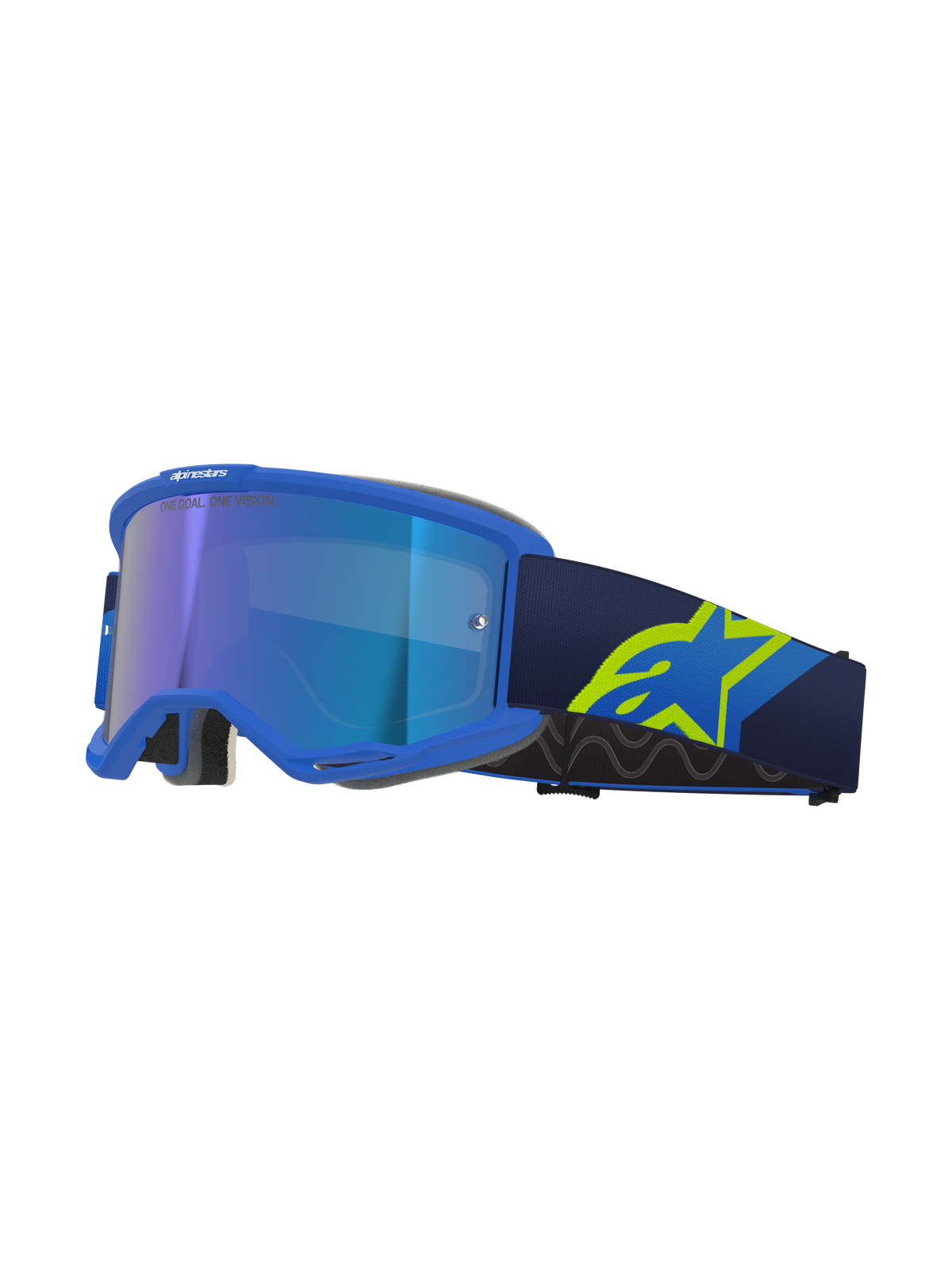 Alpinestars Vision 5 Corp Goggles, Motocross Goggles, Blue frame with mirrored blue lens, navy strap with large neon yellow A-star logo, profile view showing ventilated frame and grey face foam, "ONE GOAL. ONE VISION." branding