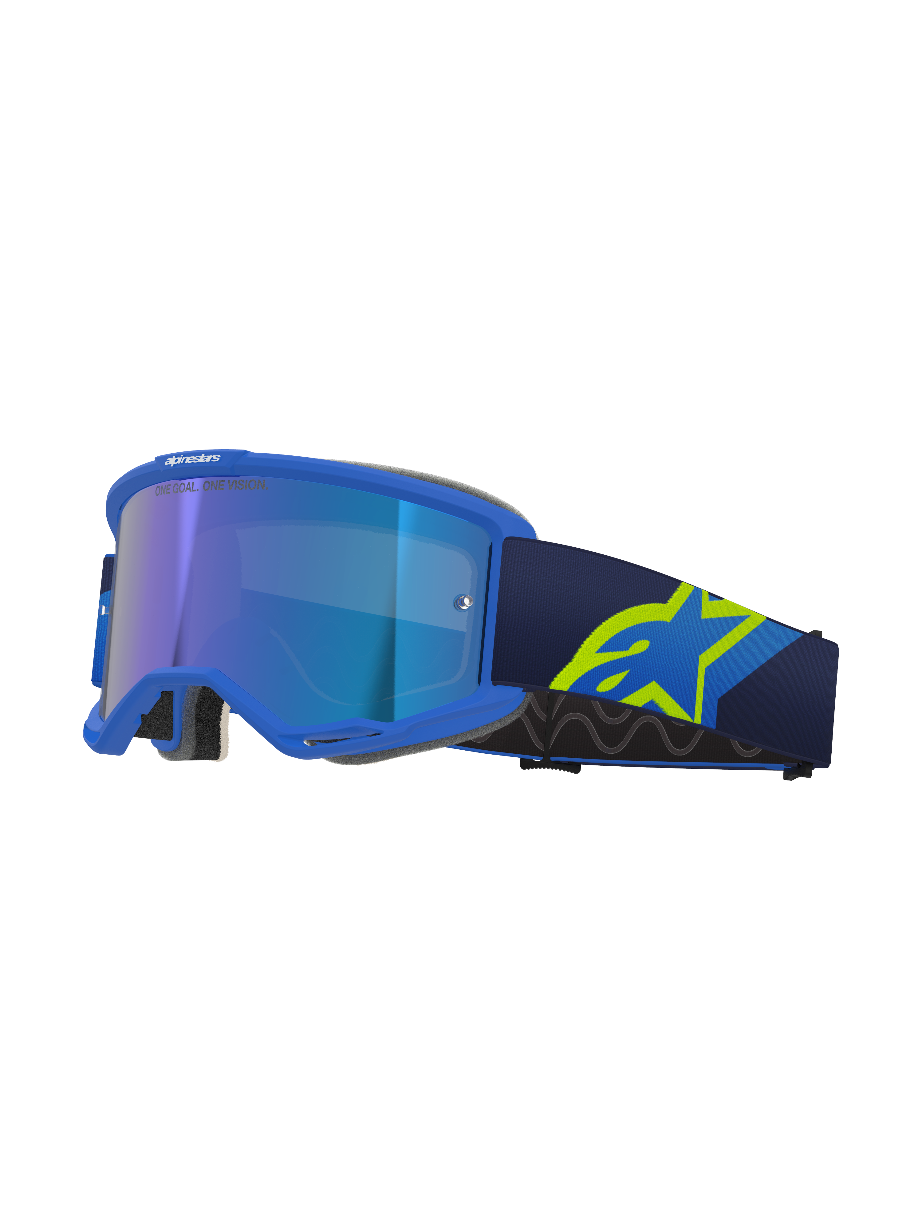 Alpinestars Vision 5 Corp, masque de motocross, monture bleue avec écran miroir bleu, bandeau bleu marine avec large logo A-star jaune fluo, vue de profil montrant la monture ventilée et la mousse faciale grise, marquage « ONE GOAL. ONE VISION. »
