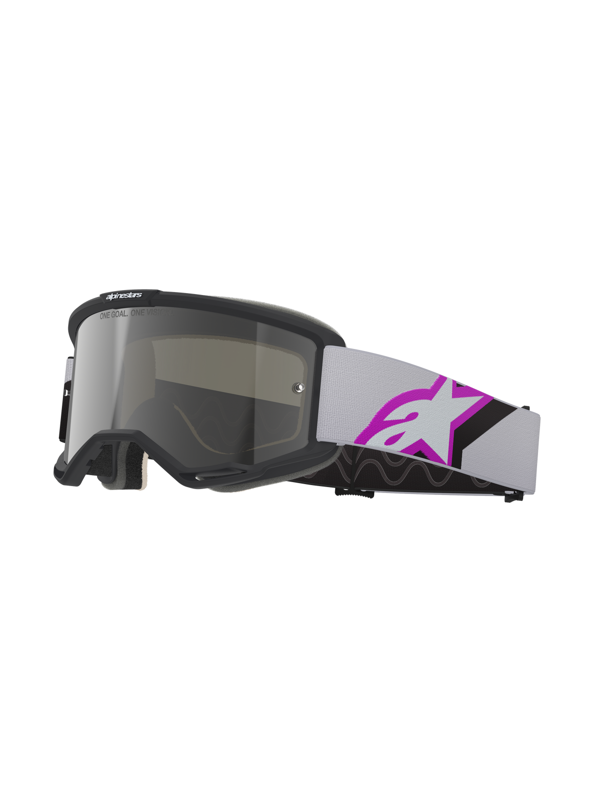 Alpinestars Vision 5 Corp Goggles, Motocross Goggles, Light Gray and Purple Mirror Silver, black frame with silver mirrored lens, light gray woven strap featuring a large purple and black star logo, multi-layer face foam for snug fit, professional off-road protective eyewear