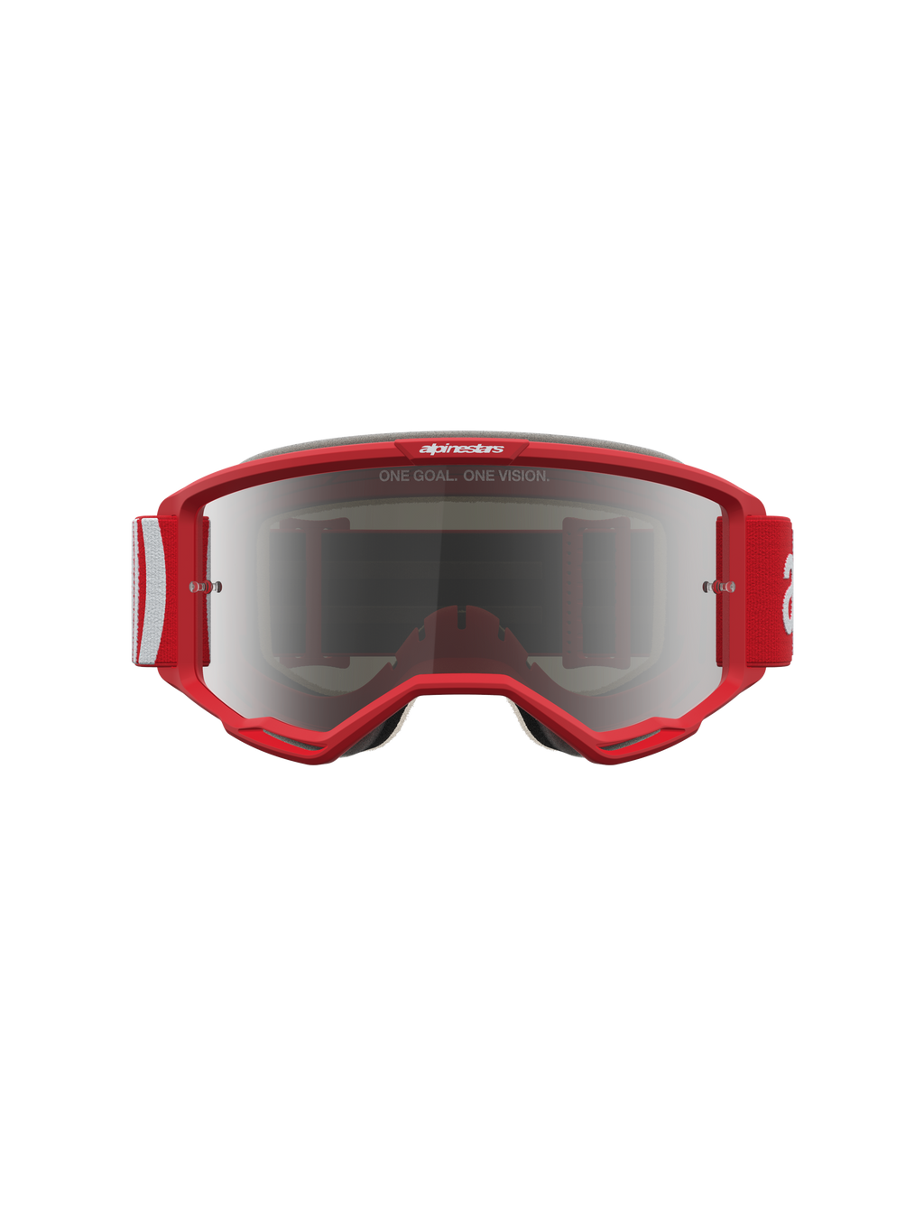 Alpinestars Masque Vision 5 Hone, masque de motocross rouge et blanc avec lentille miroir argentée et ventilation RAM-AIR.
