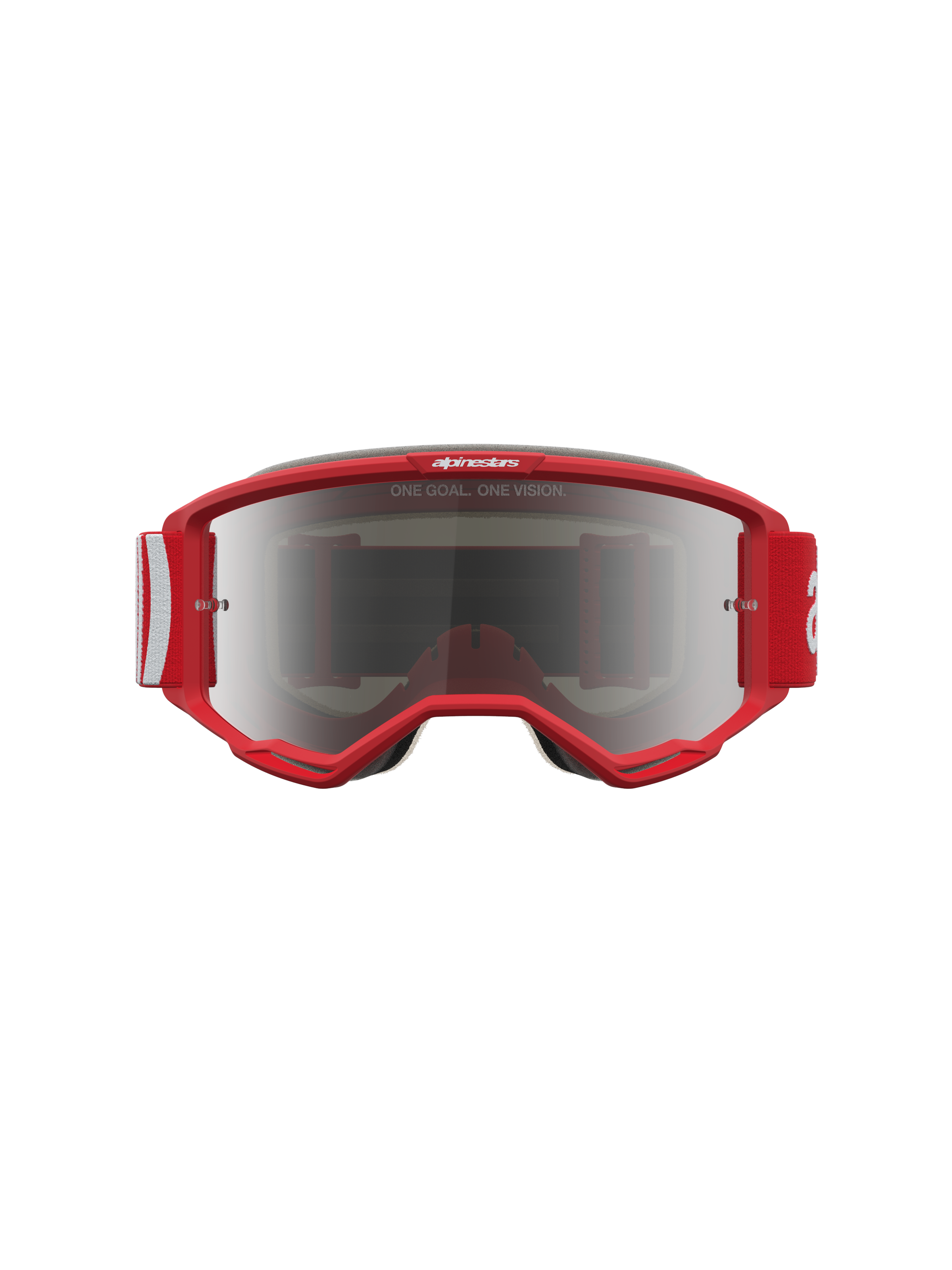 Alpinestars Masque Vision 5 Hone, masque de motocross rouge et blanc avec lentille miroir argentée et ventilation RAM-AIR.
