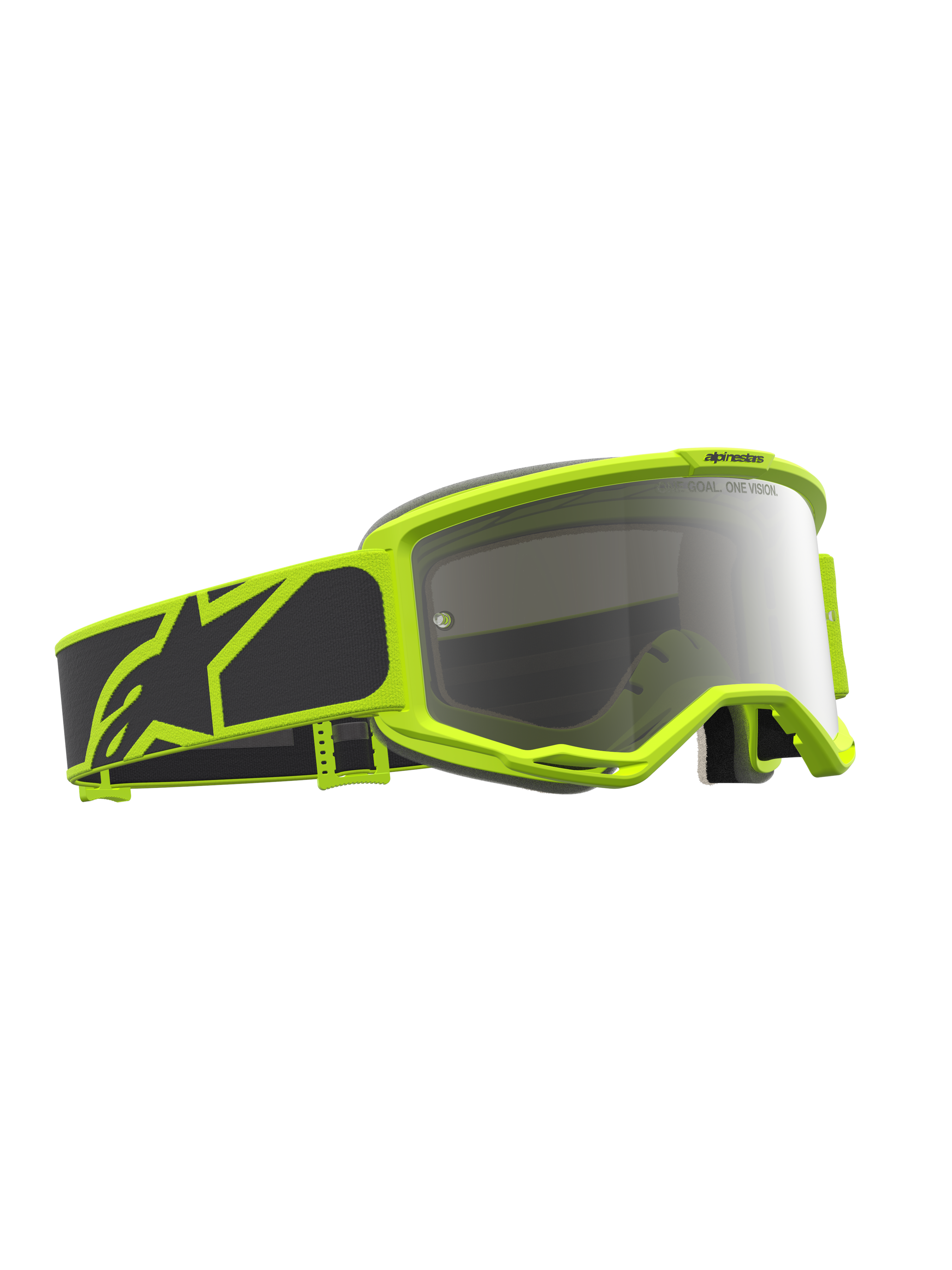 Alpinestars Masque Vision 5 Rora, masque de motocross tout-terrain, noir et jaune fluo, lentille miroir argentée, système de ventilation RAM-AIR intégré et cadre A-FLEX flexible.