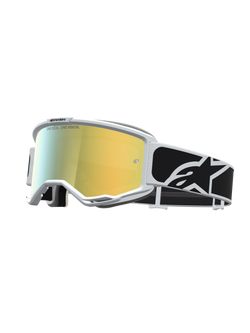 Alpinestars Vision 5 Rora Motocross Goggles feature a white frame, reflective mirror gold lens, and black logo strap.