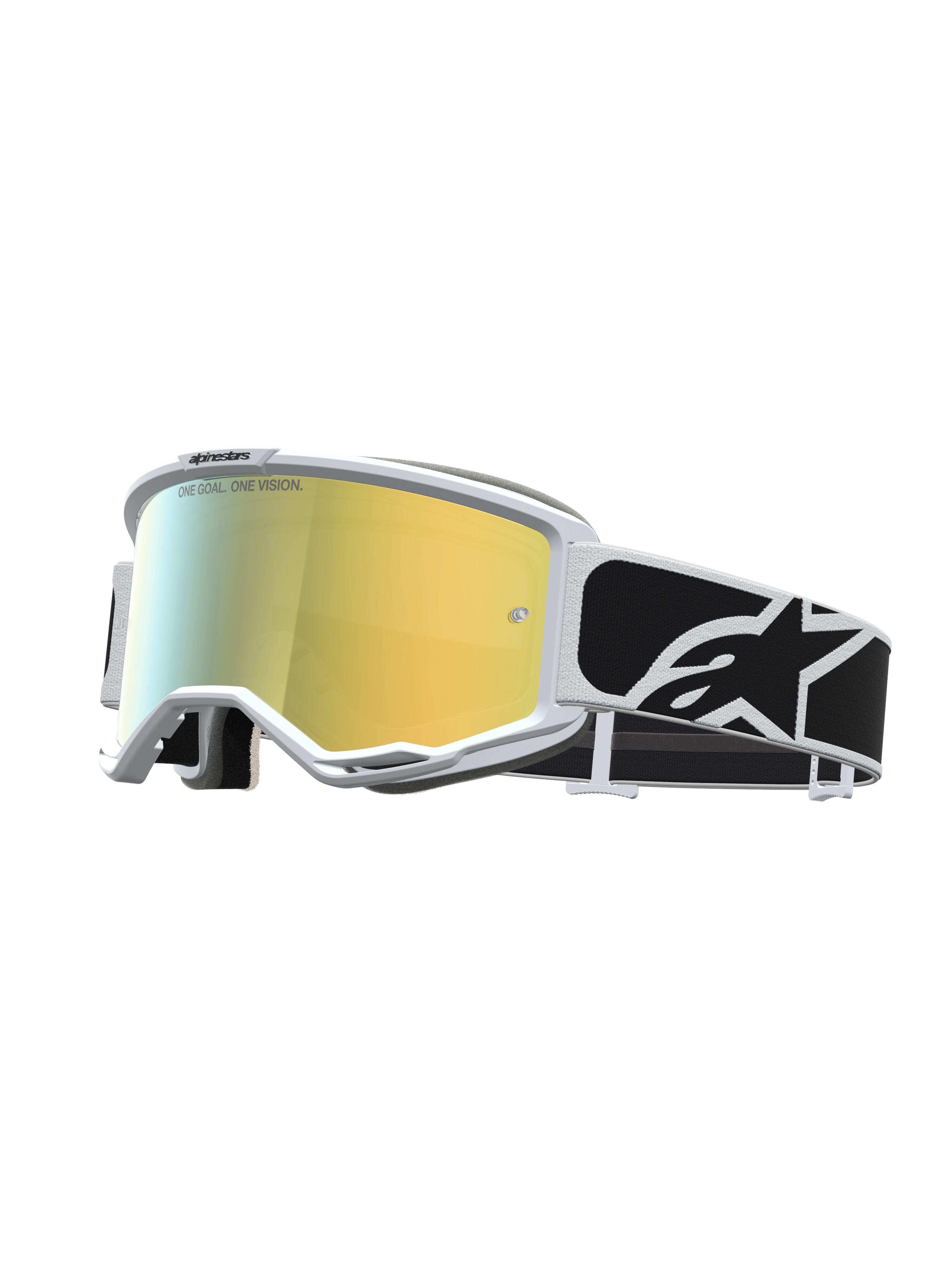 Masque Alpinestars Vision 5 Rora, masque de motocross, monture blanche, lentille miroir dorée et sangle noire à logo blanc.