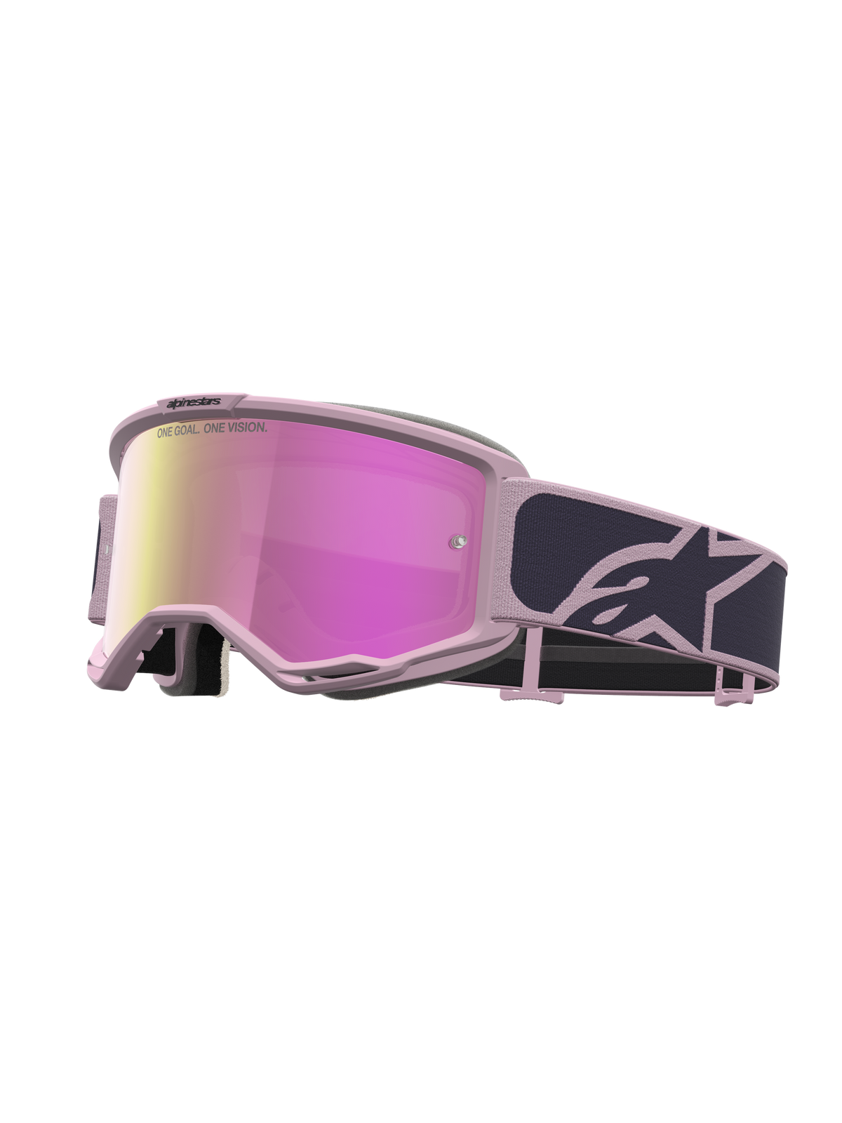 Alpinestars Vision 5 Rora Motocross Goggles in graystone and pink with a pink mirror lens and pliable A-FLEX urethane frame.