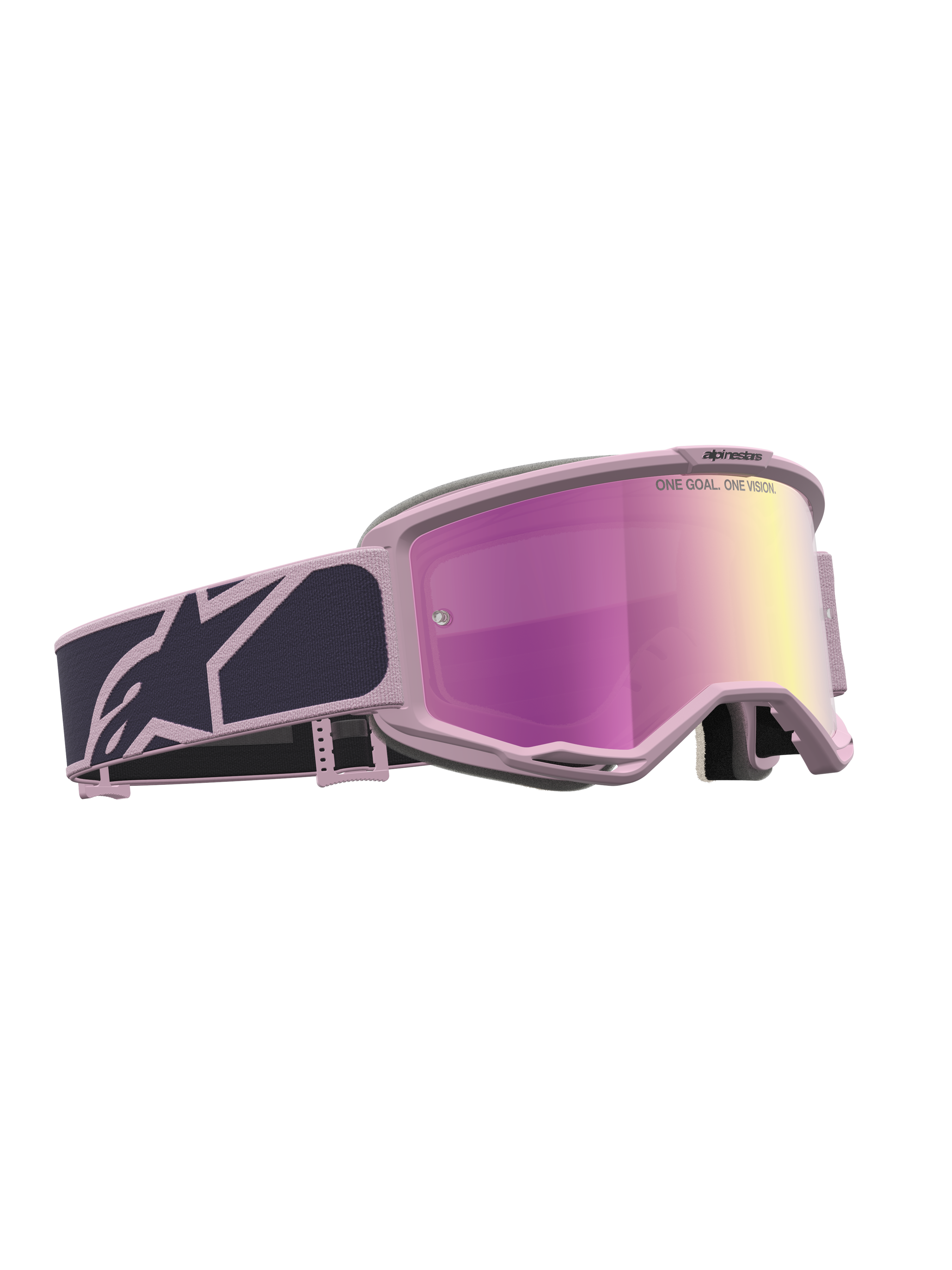 Masque Alpinestars Vision 5 Rora, masque de motocross gris et rose, lentille miroir rose, système de ventilation RAM-AIR.