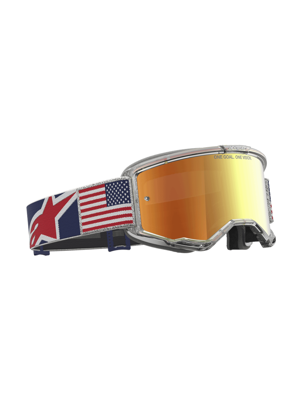 Alpinestars Vision 5 Fiftyfold, masque de motocross, lentille miroir rouge, monture transparente et sangle drapeau US.