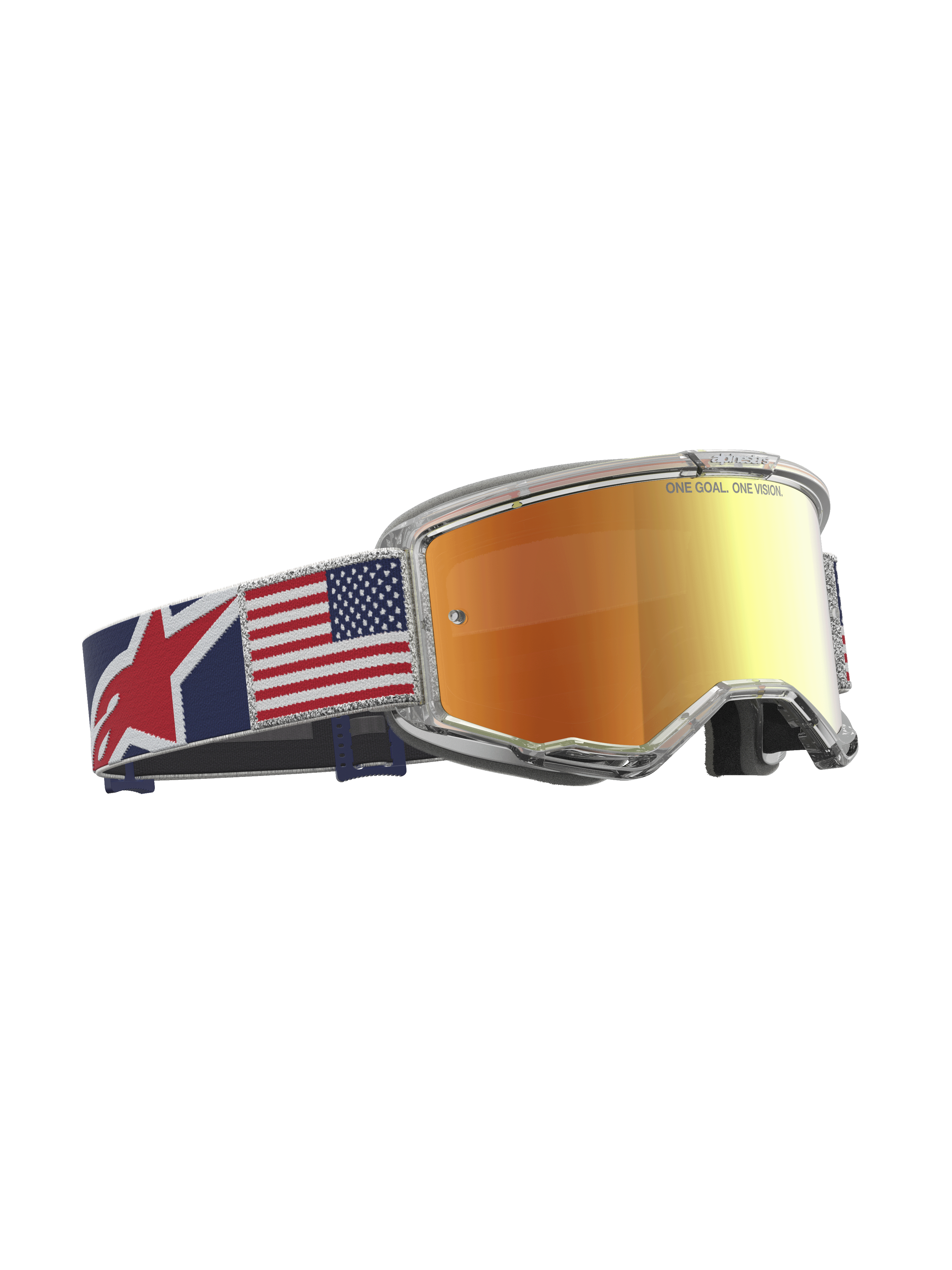 Alpinestars Vision 5 Fiftyfold, masque de motocross, lentille miroir rouge, monture transparente et sangle drapeau US.