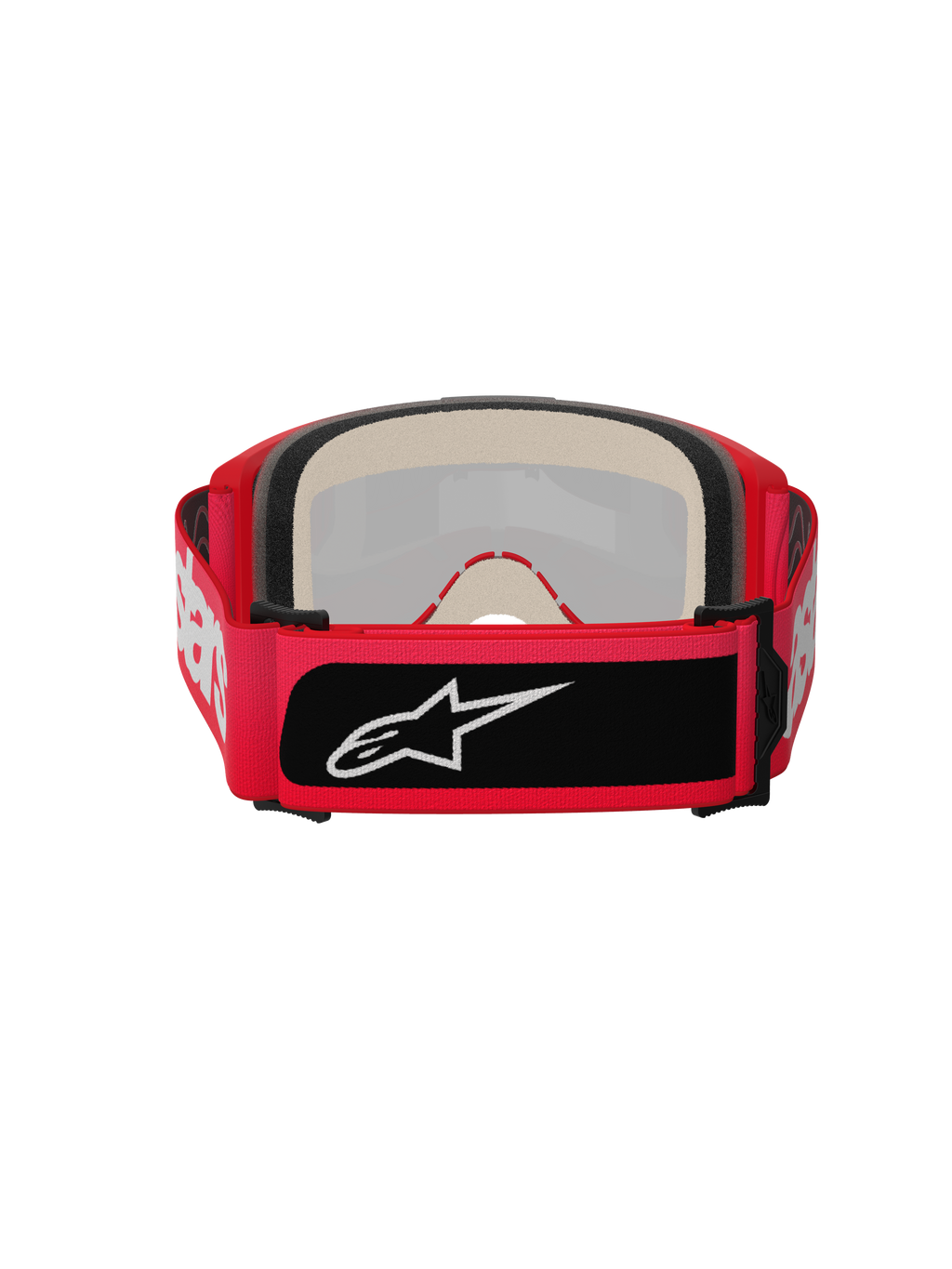 Masque Alpinestars Vision 5 Blaze, masque de motocross, rouge, vue arrière présentant une mousse faciale multicouche épaisse et une large sangle réglable avec inscription Alpinestars blanche et un patch logo noir
