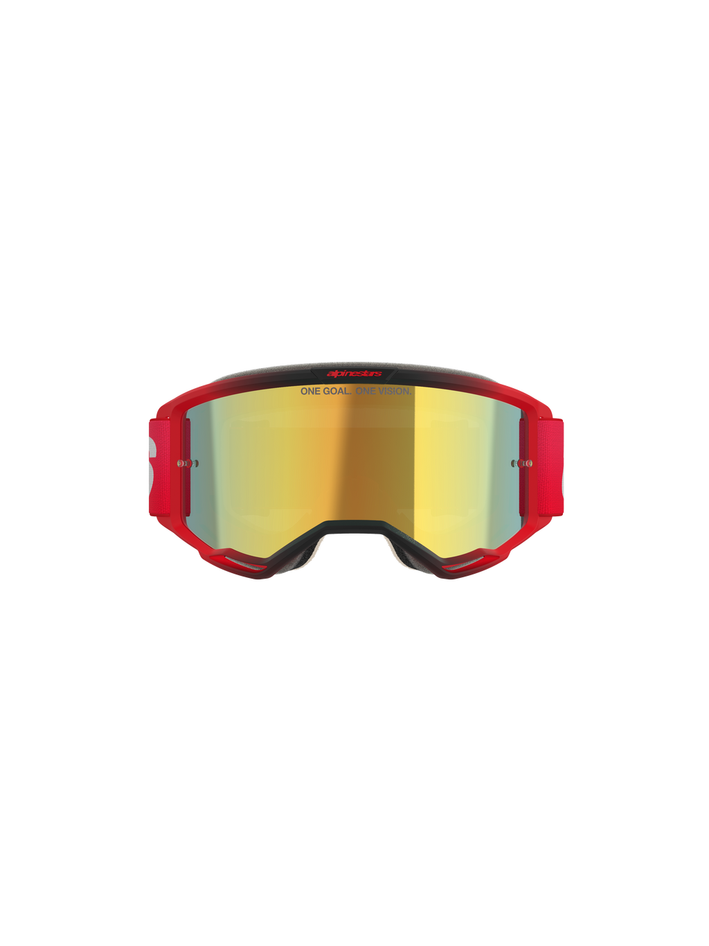 Alpinestars Vision 5 Blaze Goggles, masque de motocross, monture rouge avec écran miroité doré, comporte l'inscription 'ONE GOAL. ONE VISION.' sur l'écran, bandeau élastique rouge avec logo blanc, protection oculaire professionnelle pour le motocross