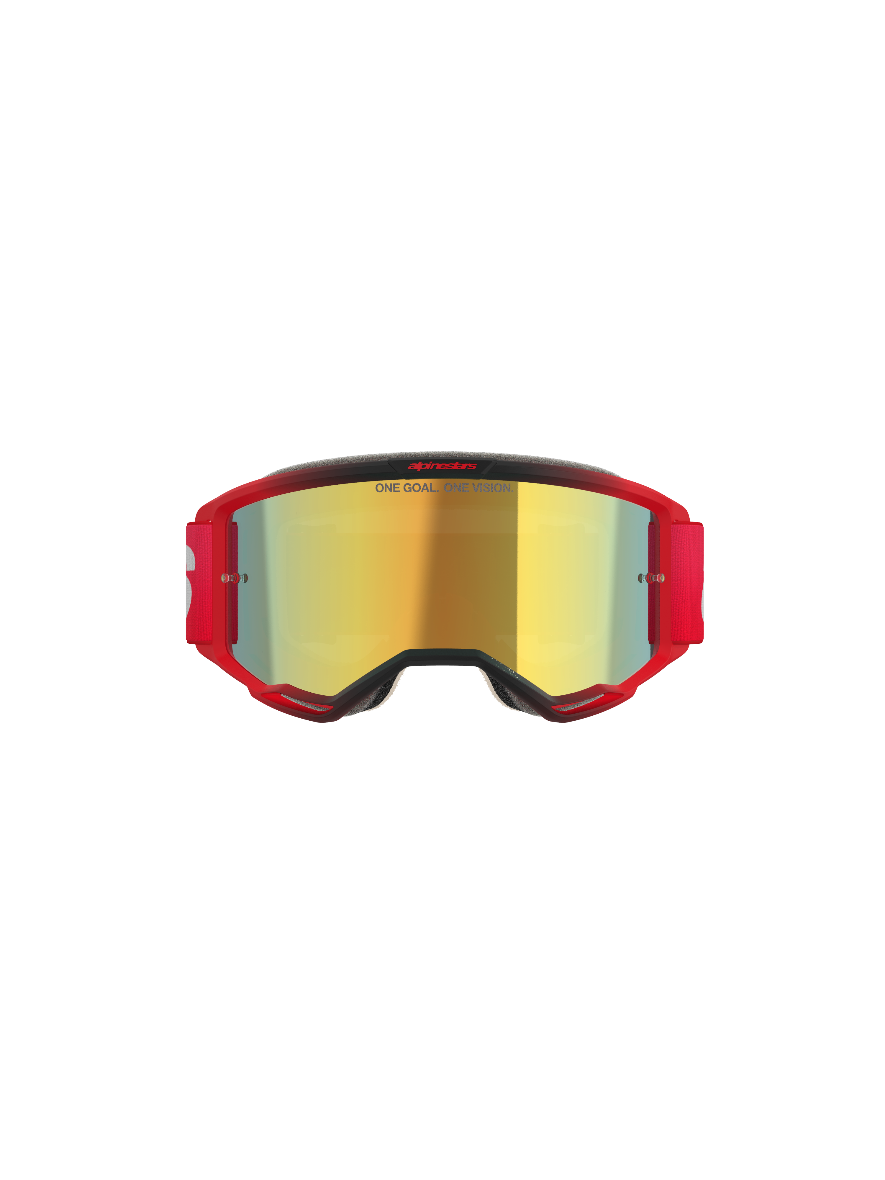 Alpinestars Vision 5 Blaze Goggles, masque de motocross, monture rouge avec écran miroité doré, comporte l'inscription 'ONE GOAL. ONE VISION.' sur l'écran, bandeau élastique rouge avec logo blanc, protection oculaire professionnelle pour le motocross