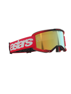 Alpinestars Vision 5 Blaze Goggles, masque de motocross, rouge avec écran miroir doré, doté d'un bandeau tissé rouge avec un grand logo astars blanc et l'inscription « ONE GOAL. ONE VISION. » sur l'écran, protection oculaire haute performance pour la course tout-terrain