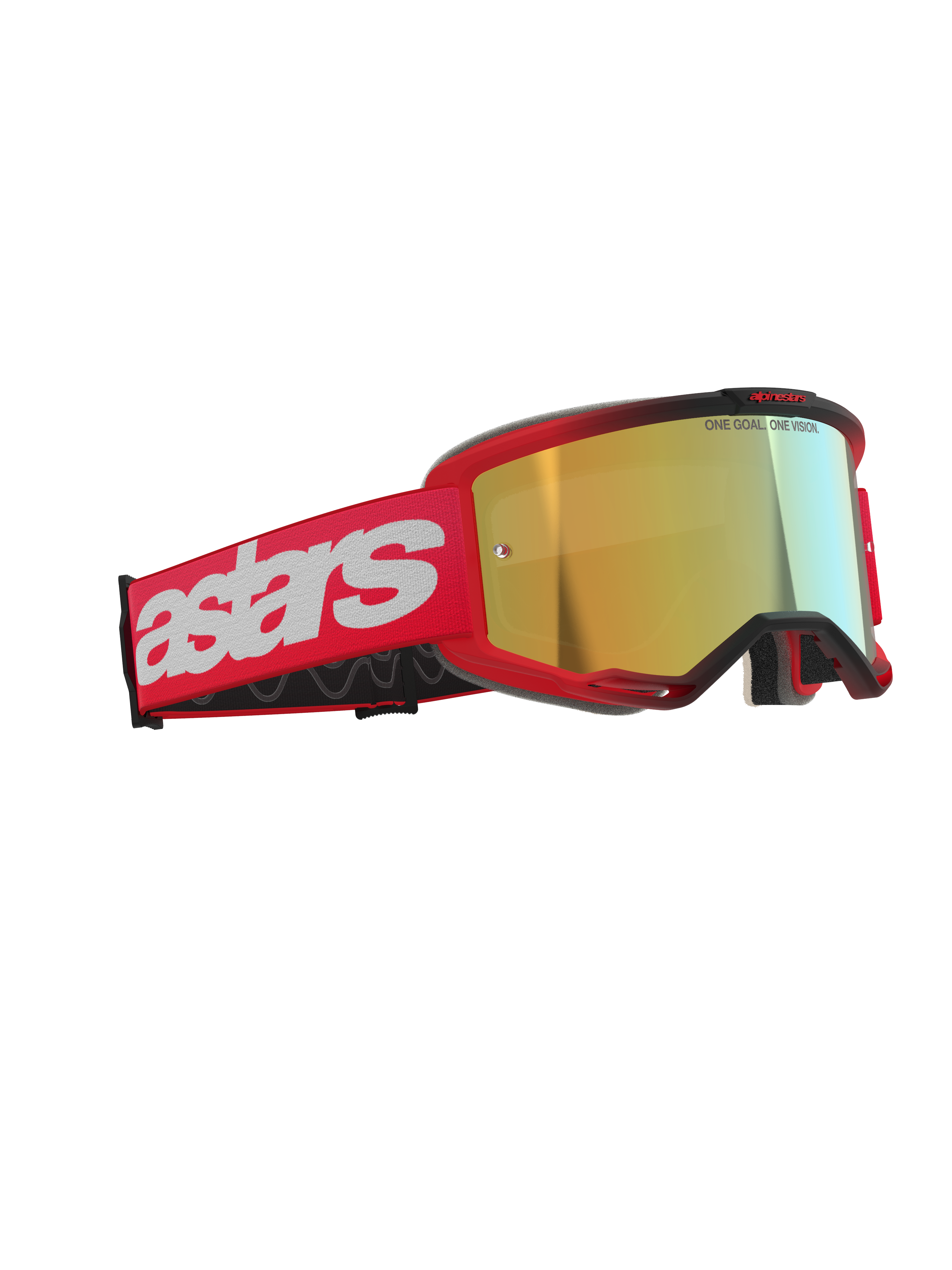 Alpinestars Vision 5 Blaze Goggles, masque de motocross, rouge avec écran miroir doré, doté d'un bandeau tissé rouge avec un grand logo astars blanc et l'inscription « ONE GOAL. ONE VISION. » sur l'écran, protection oculaire haute performance pour la course tout-terrain