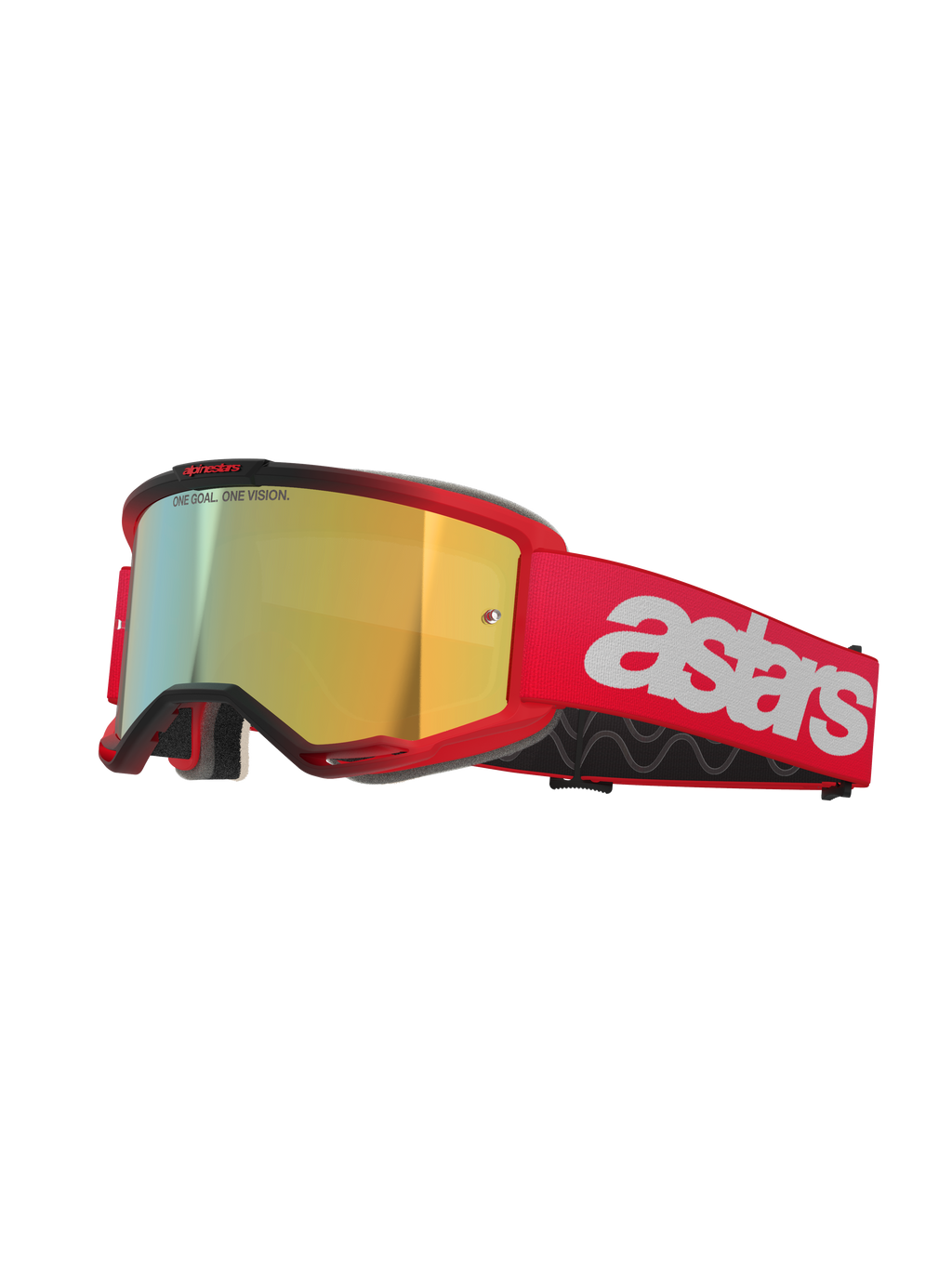 Masque Alpinestars Vision 5 Blaze, lunettes de motocross, monture et bandeau rouges avec écran miroir doré, logo astars blanc sur le côté, monture A-FLEX légère avec mousse faciale multicouche pour la course tout-terrain